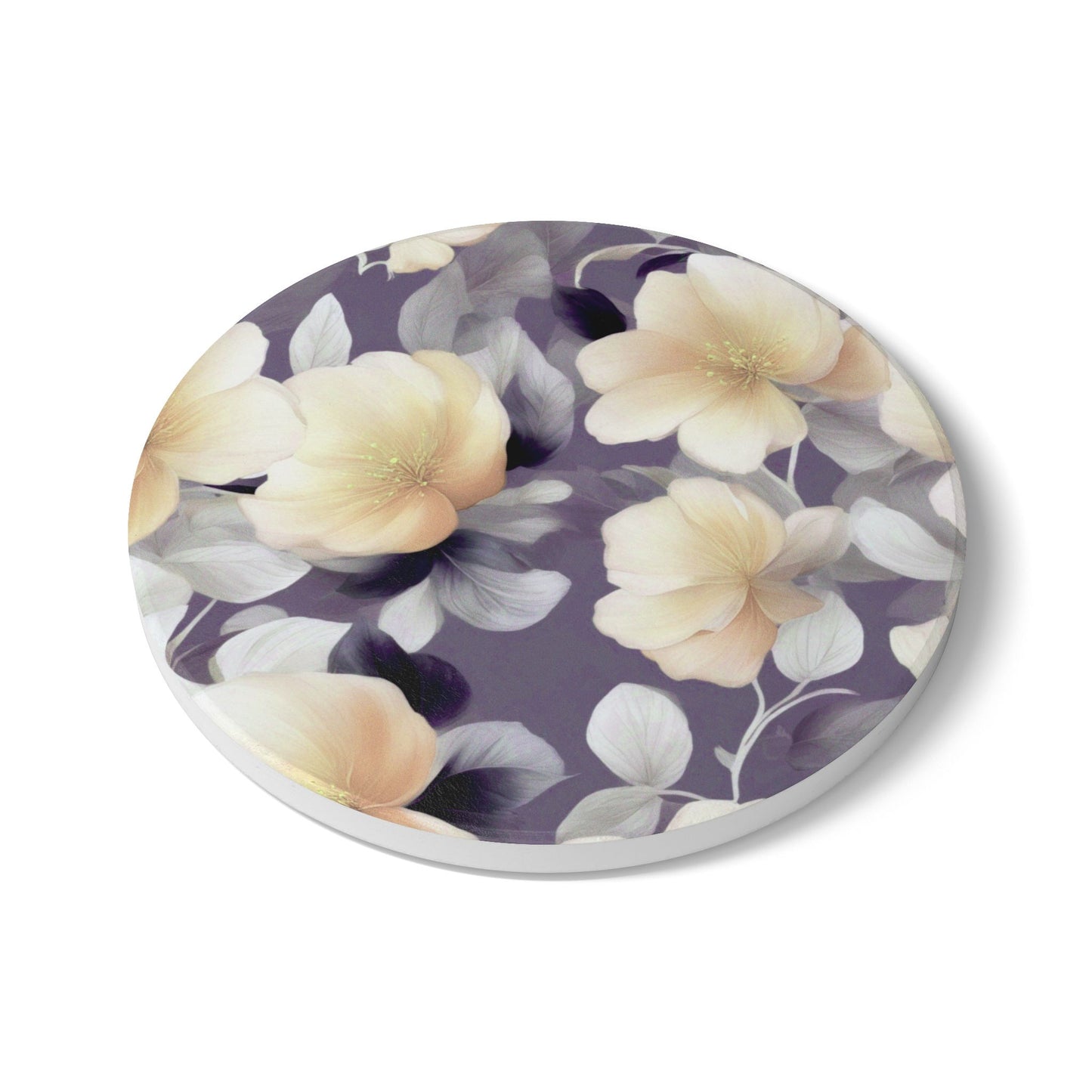 White Blush Floral Bunch Round Ceramic Coaster, 4" x 4"