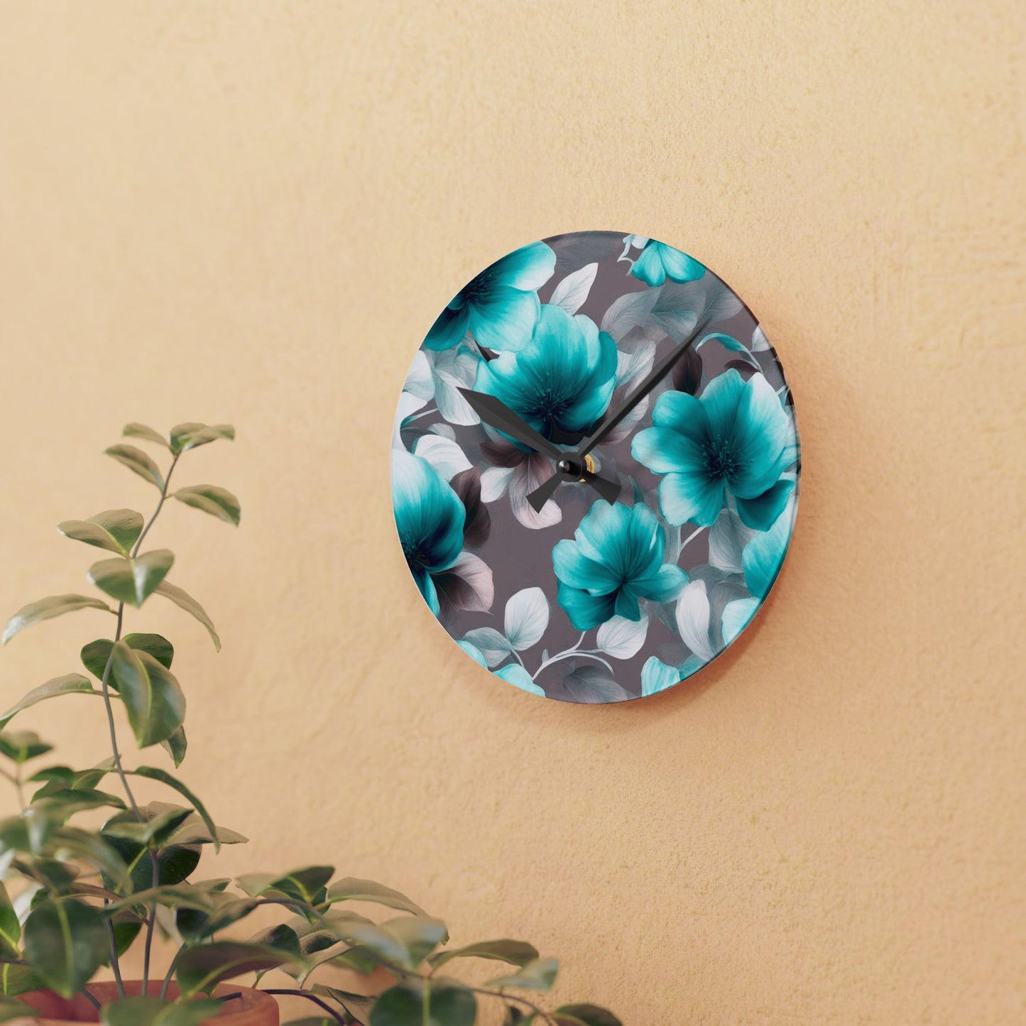 Tif Green Gray Floral Bunch Acrylic Round Wall Clock, 8" x 8"