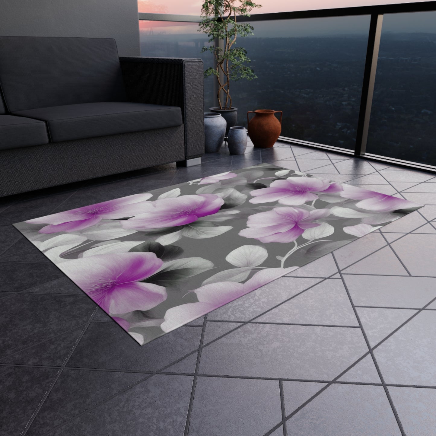 Purple Blossom Floral Bunch Outdoor Rug, 48" x 72"