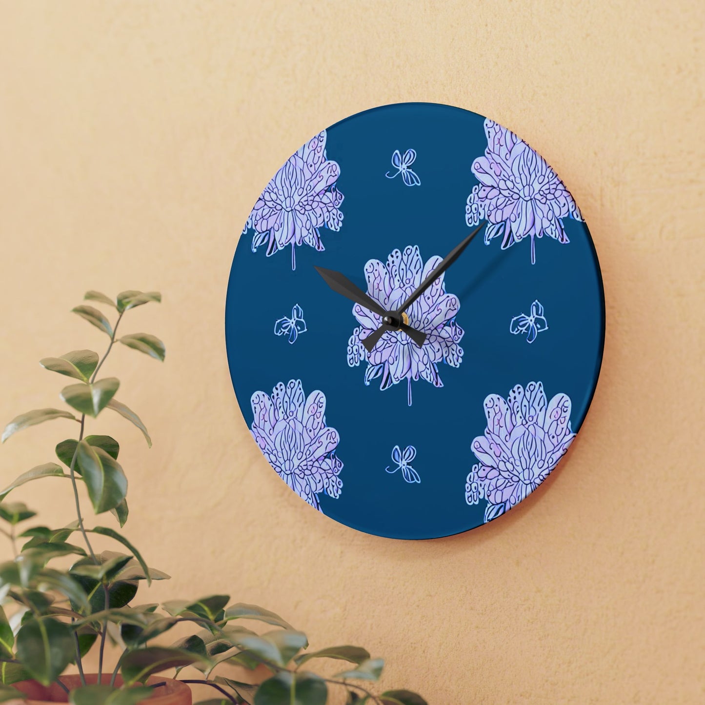Lavender Floral Butterflies Acrylic Wall Clock, Round or Square, 10.75" x 10.75"
