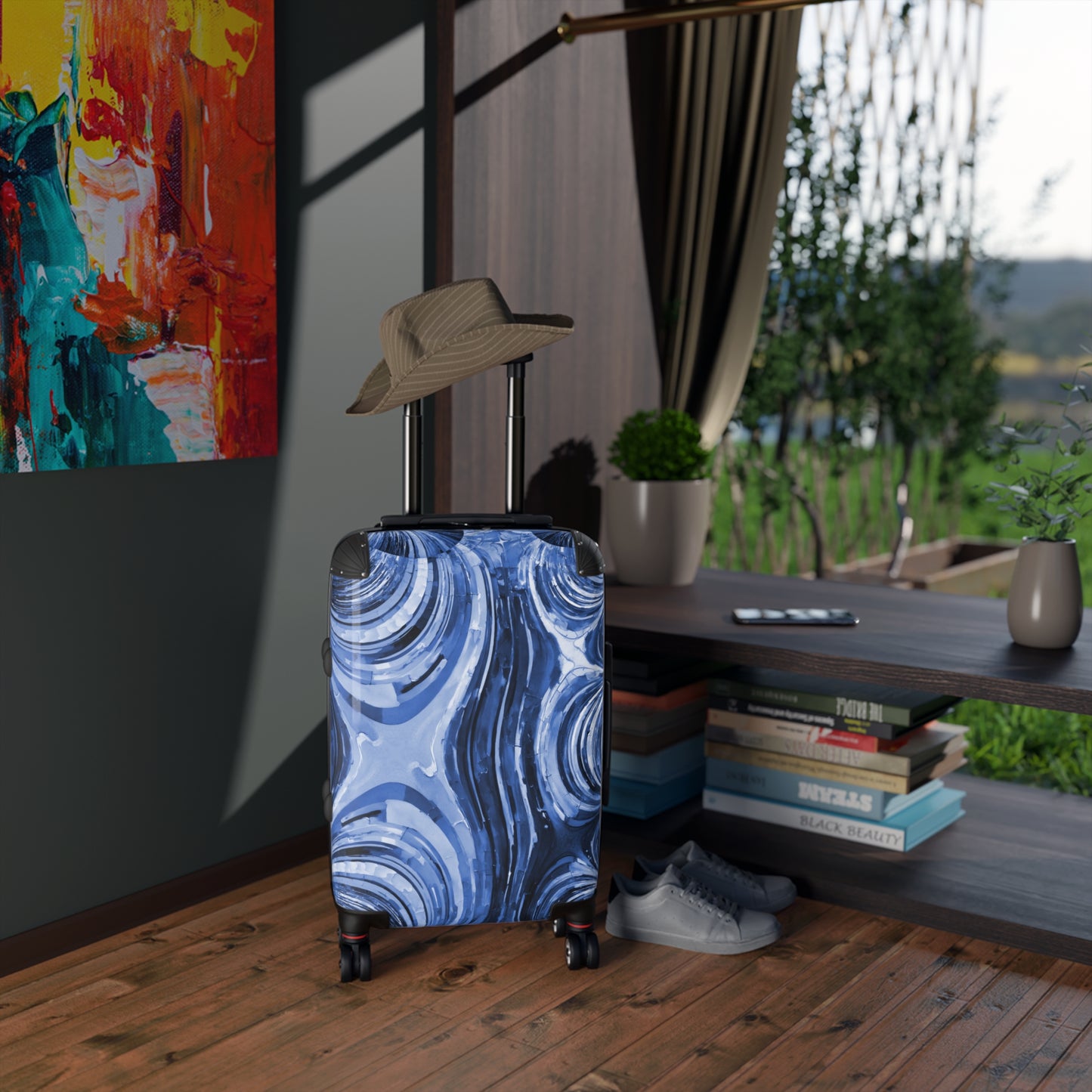 Uzi Spiral Deep Blue Small Suitcase with built in lock, 4 double-wheels, telescopic handle, and ABS back hard-shell