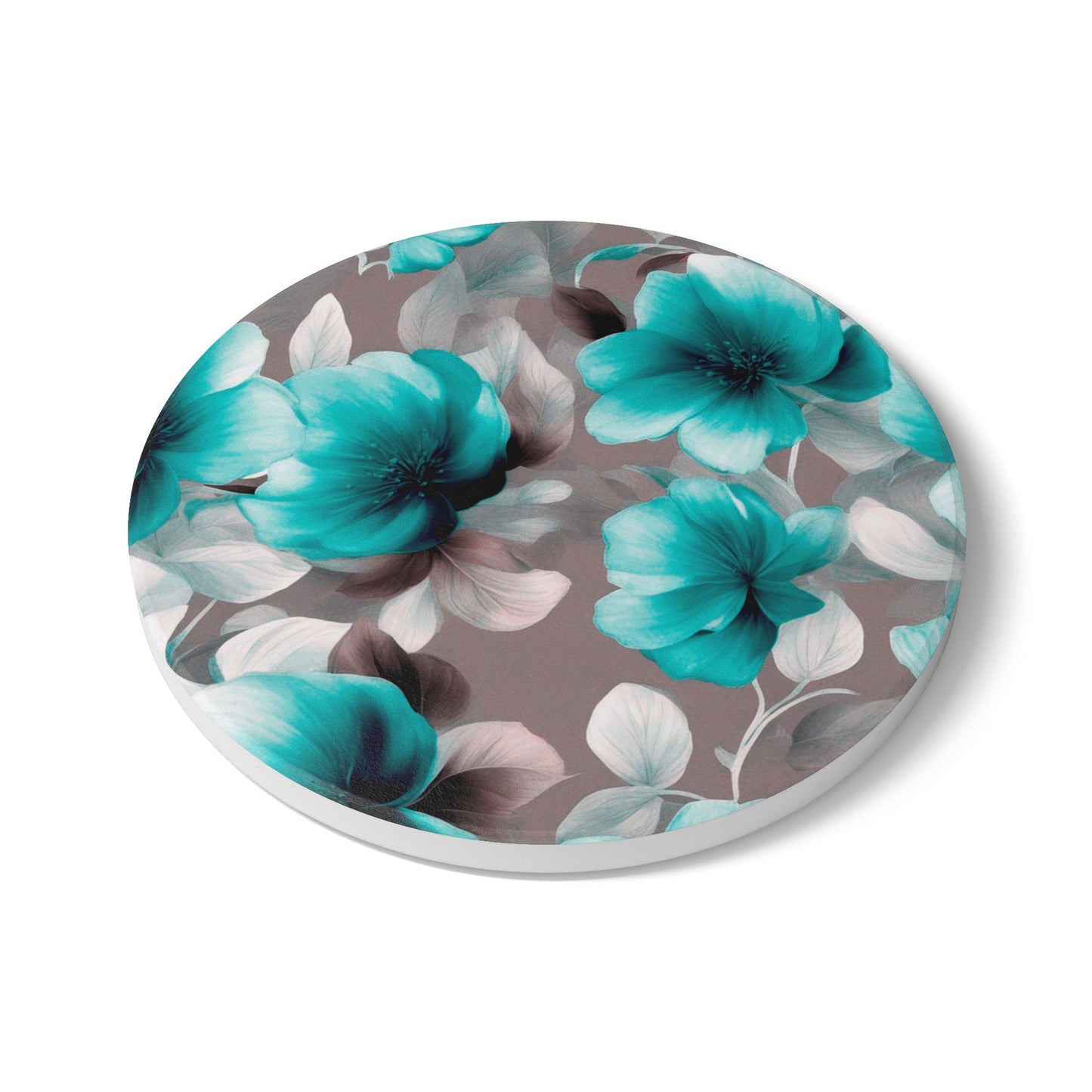 Tif Green Gray Floral Bunch Round Ceramic Coaster, 4" x 4"