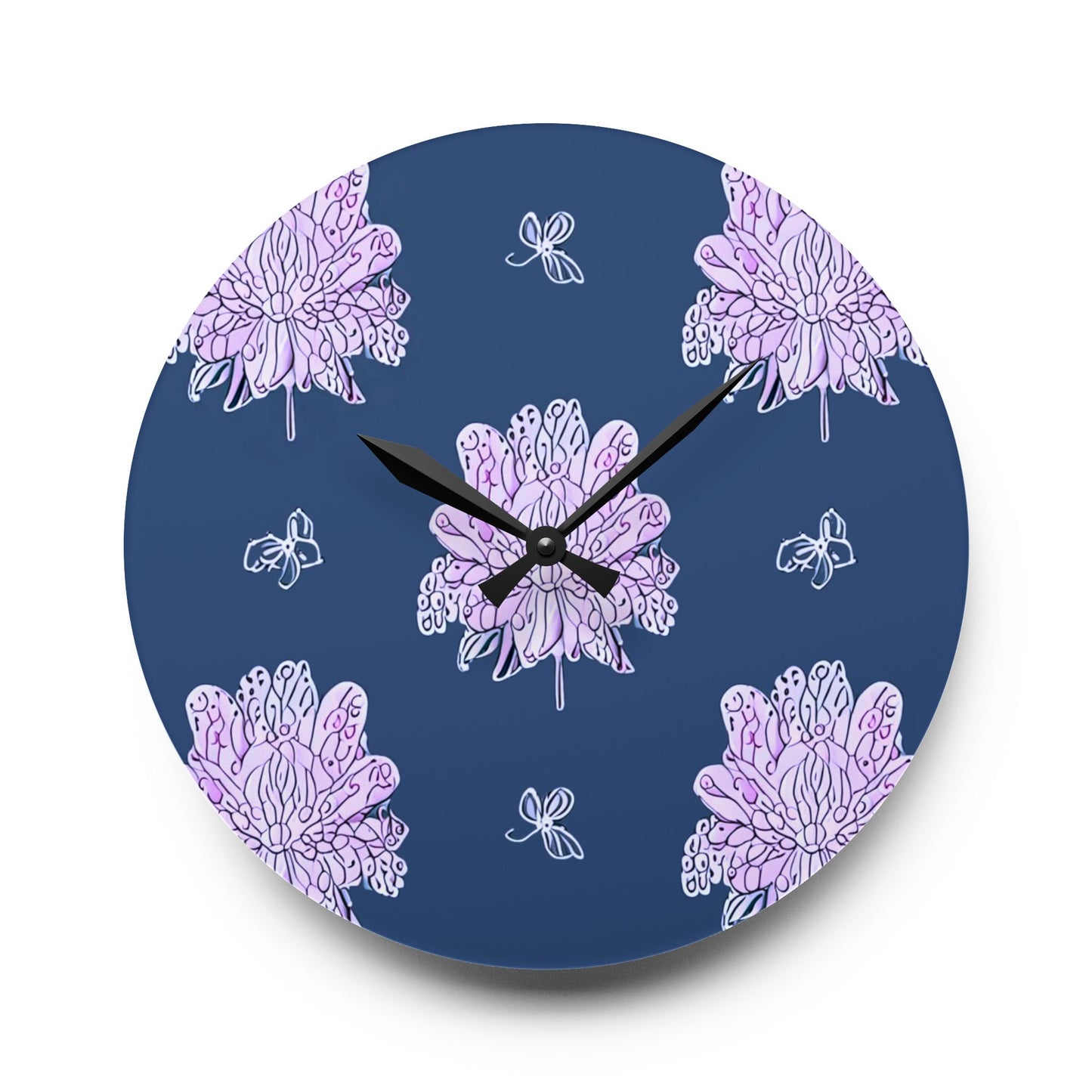 Purple White Floral Butterflies Acrylic Wall Clock, Round or Square, 10.75" x 10.75"