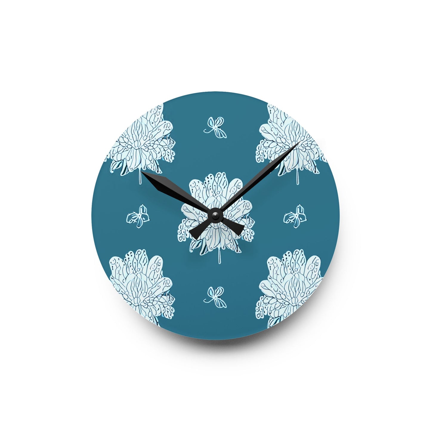 Tif Green White Floral Butterflies Acrylic Round Wall Clock, 8" x 8"