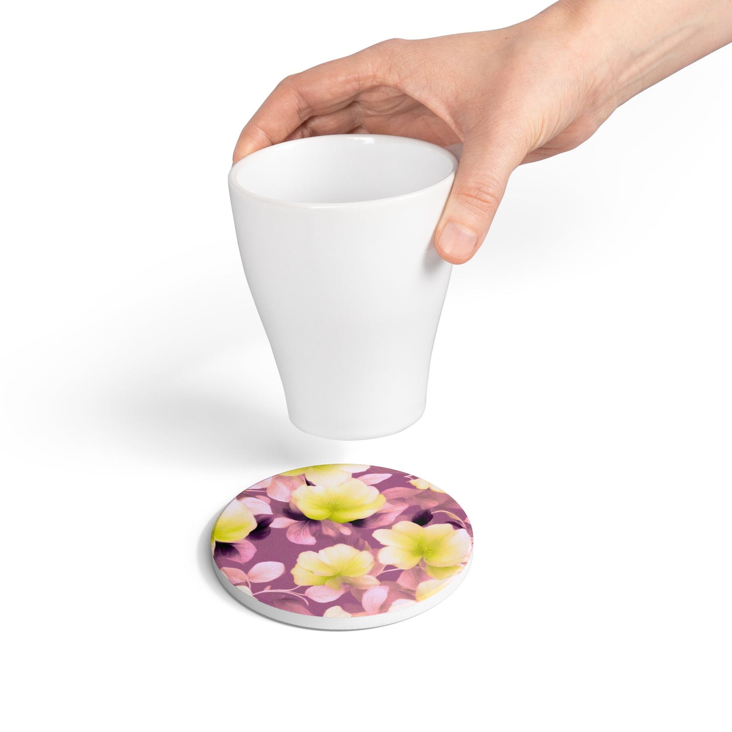 Lemon Blossom Floral Bunch Round Ceramic Coaster, 4" x 4"