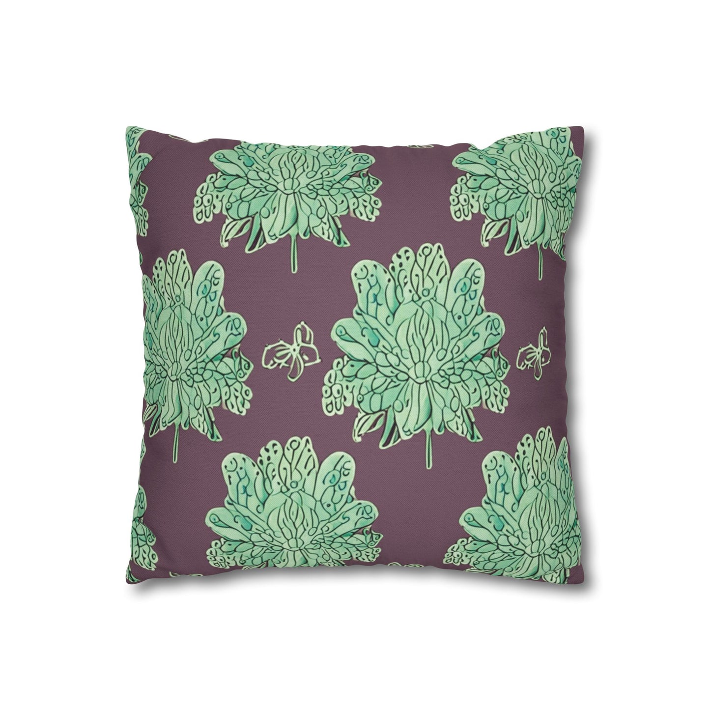 Mint Green Floral Butterflies Spun Polyester Square Pillowcase, 14" x 14"