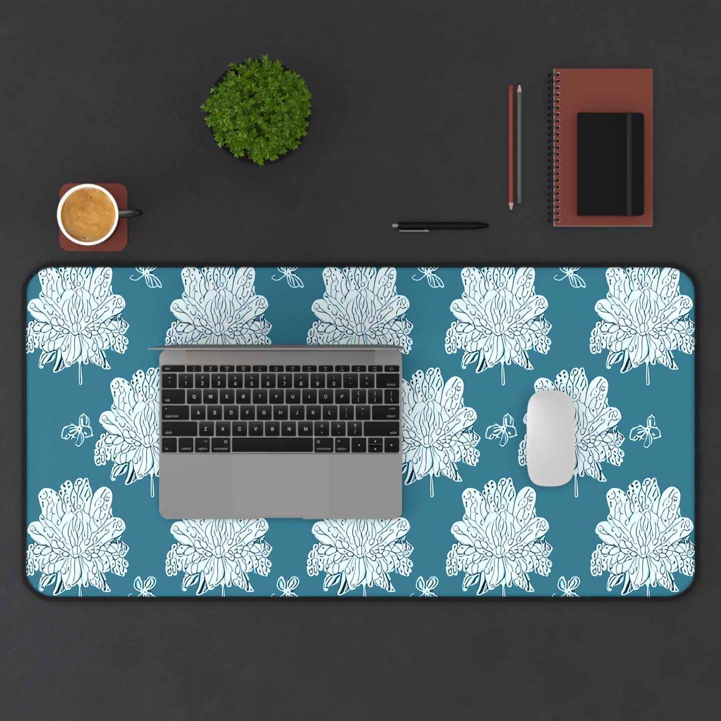 Tif Green White Floral Butterflies 16" x 32" Desk Mat