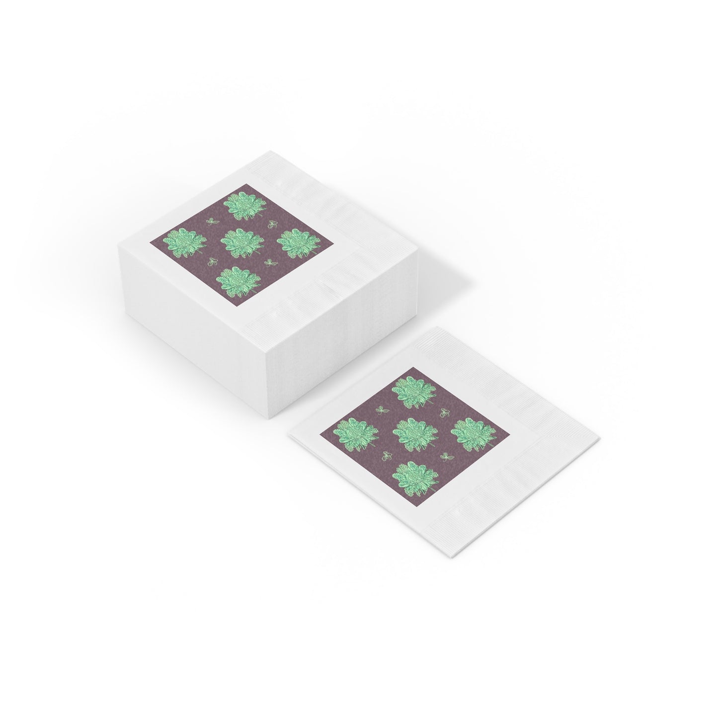 Mint Green Floral Butterflies White Coined Napkins, 4.8" x 4.8"