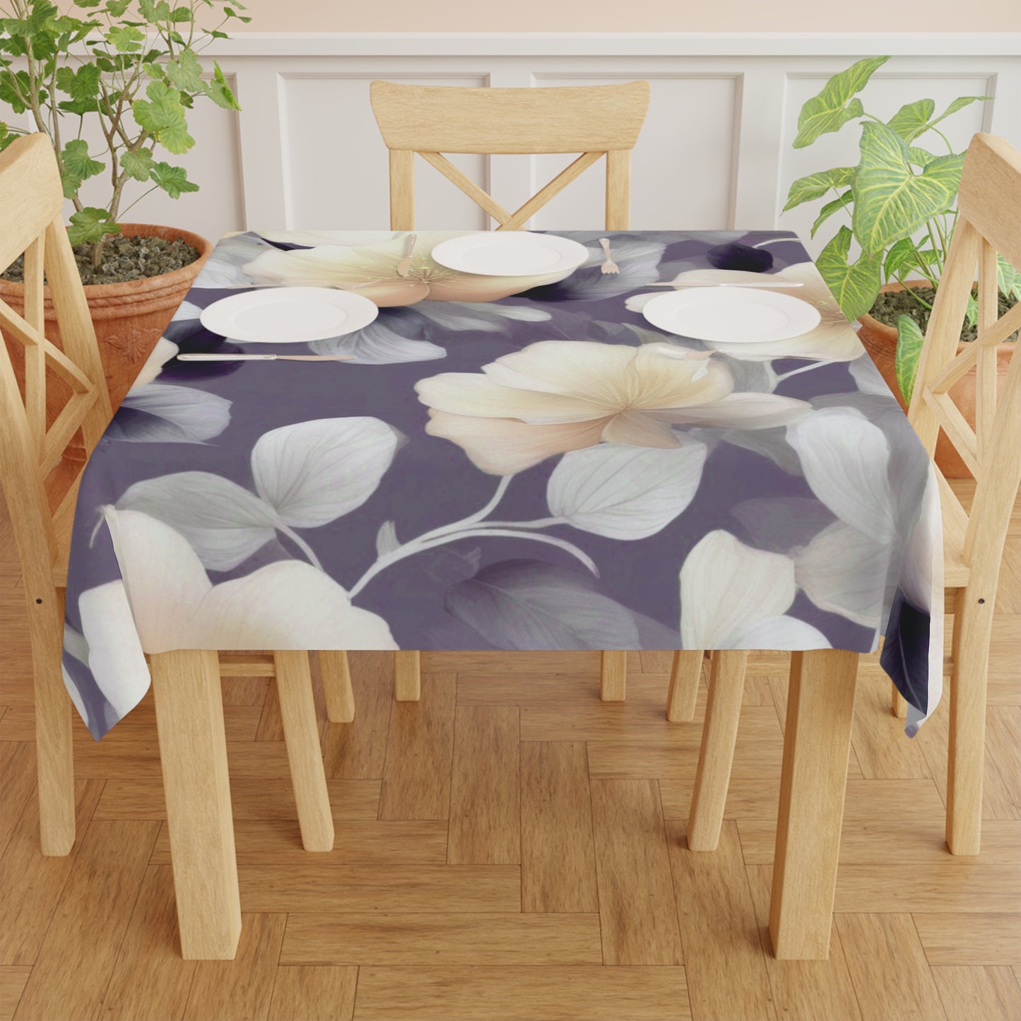 White Blush Floral Bunch Tablecloth, 55" x 55"