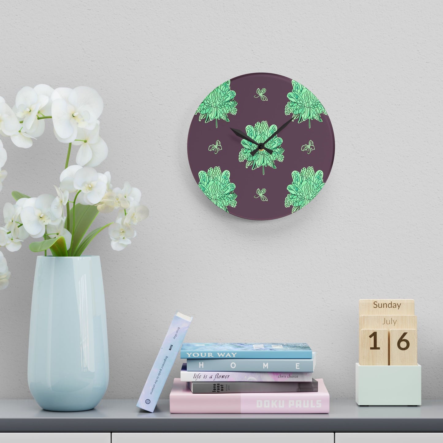 Mint Green Floral Butterflies Acrylic Wall Clock, Round or Square, 10.75" x 10.75"