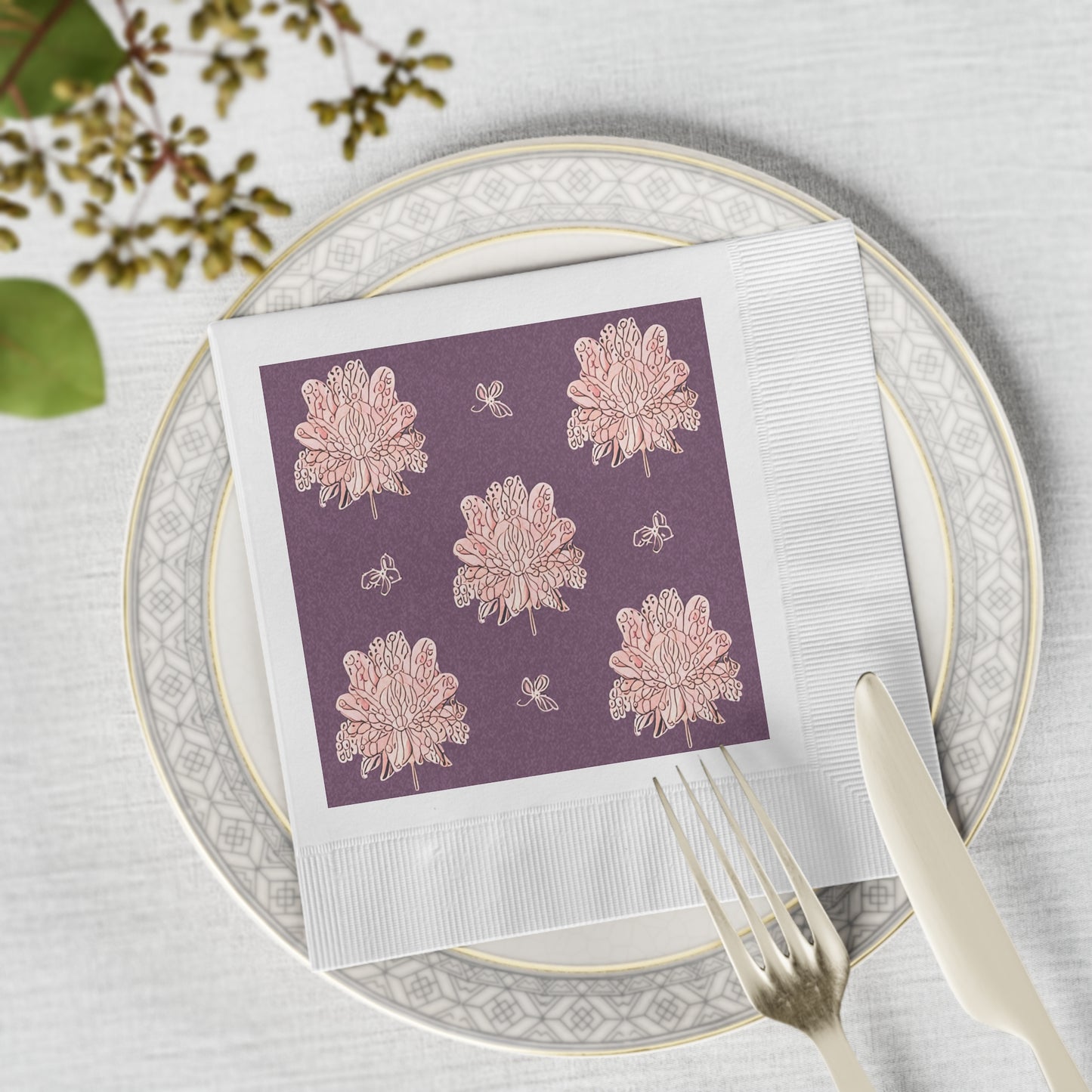 Pink Floral Butterflies White Coined Napkins, 6.5" x 6.5"