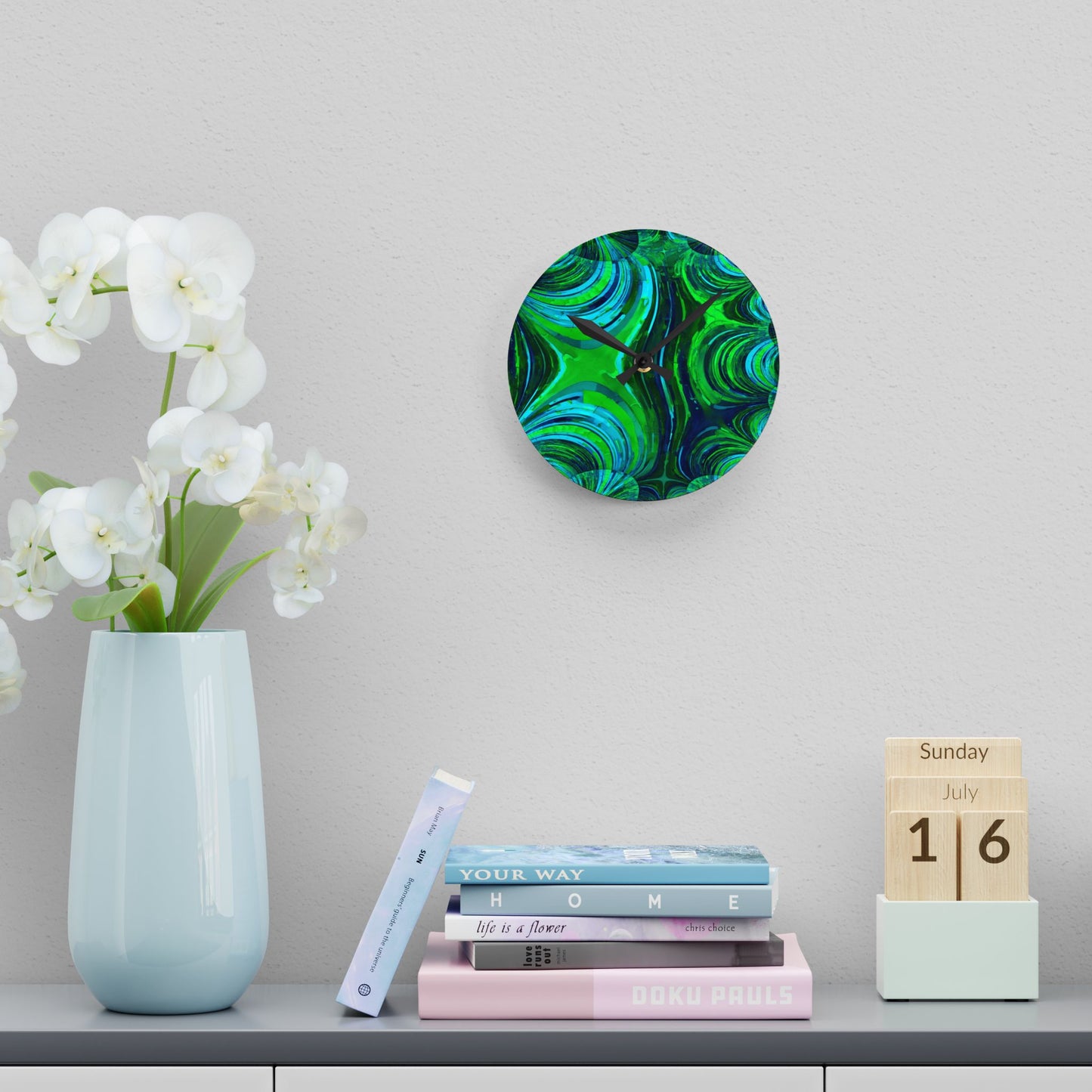 Uzi Spiral Blue Green Acrylic Round Wall Clock, 8" x 8"