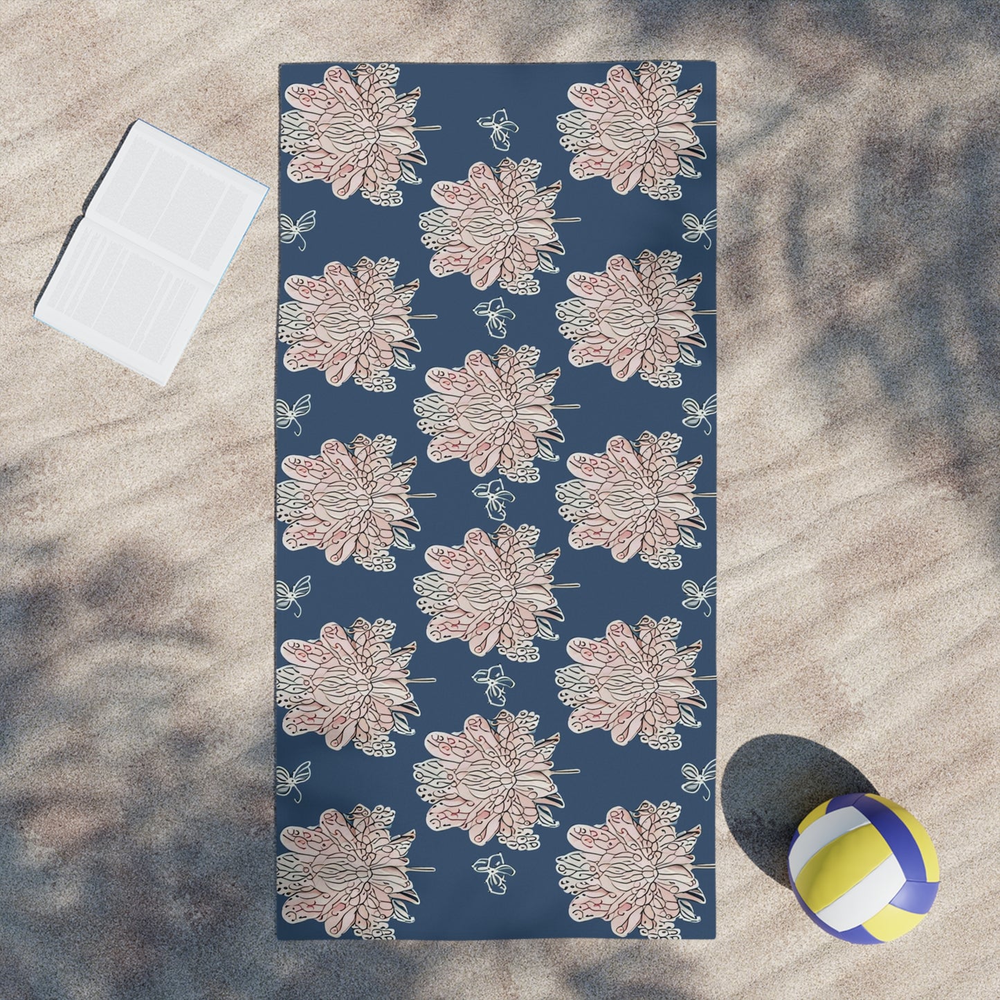 Rose White Floral Butterflies Beach Towel, 30" x 60"