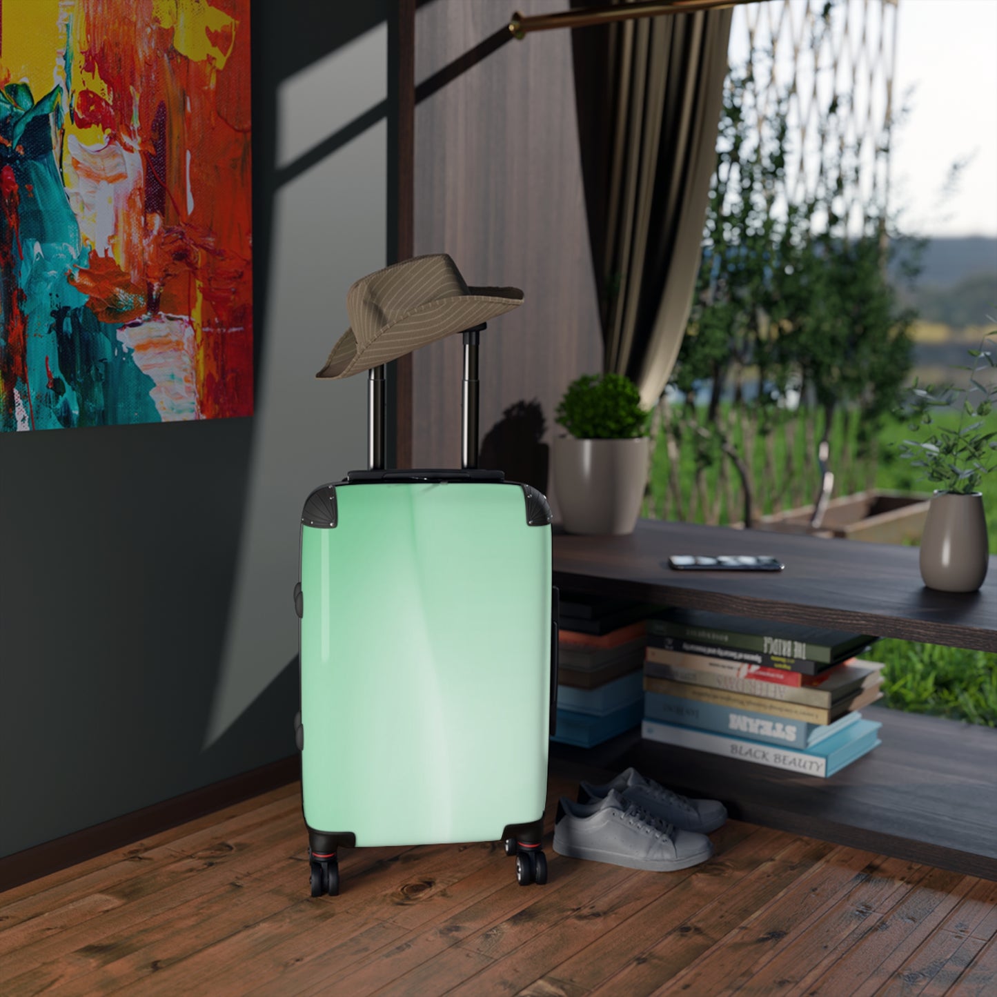 Mint Fade Small Suitcase with built in lock, 4 double-wheels, telescopic handle, and ABS back hard-shell