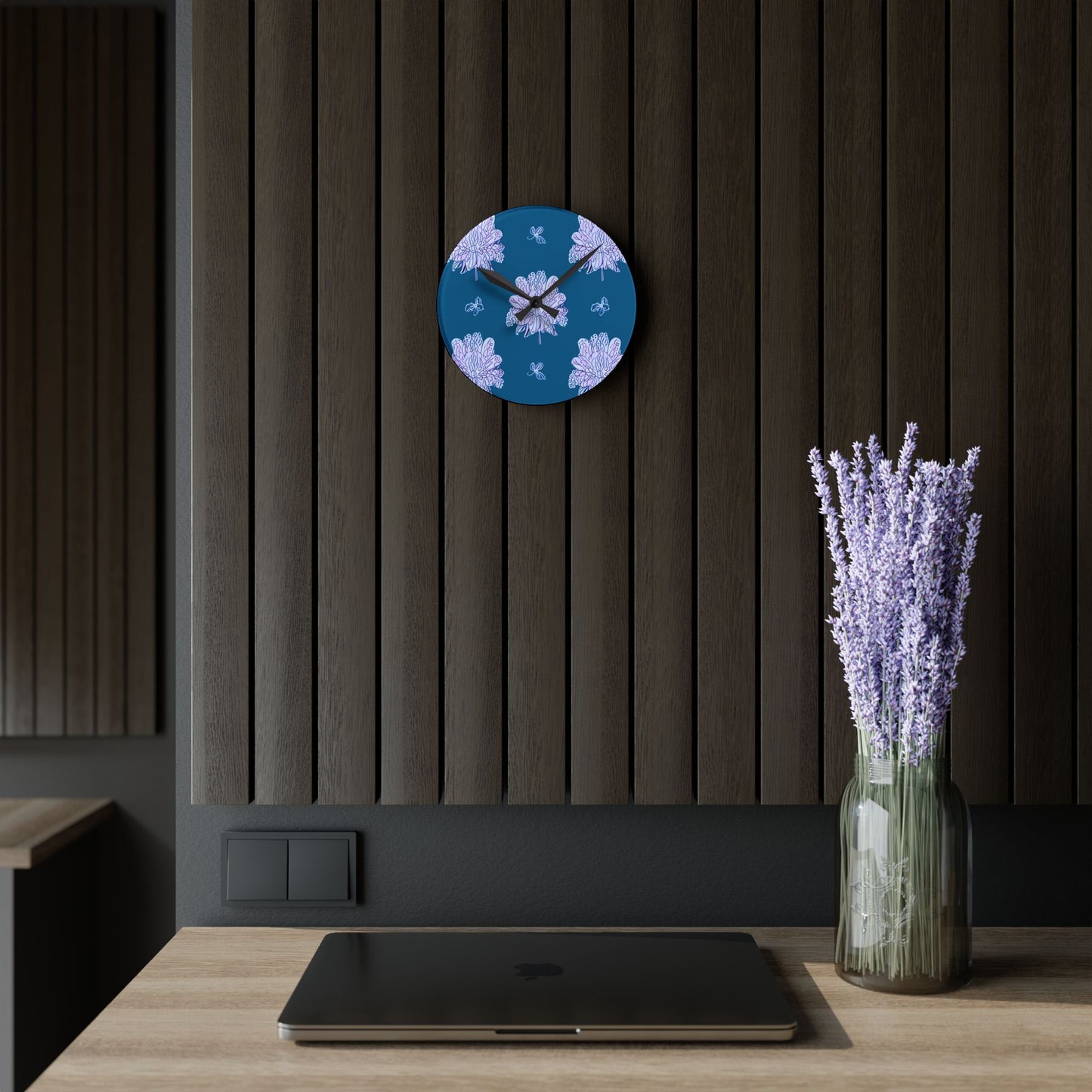 Lavender Floral Butterflies Acrylic Round Wall Clock, 8" x 8"