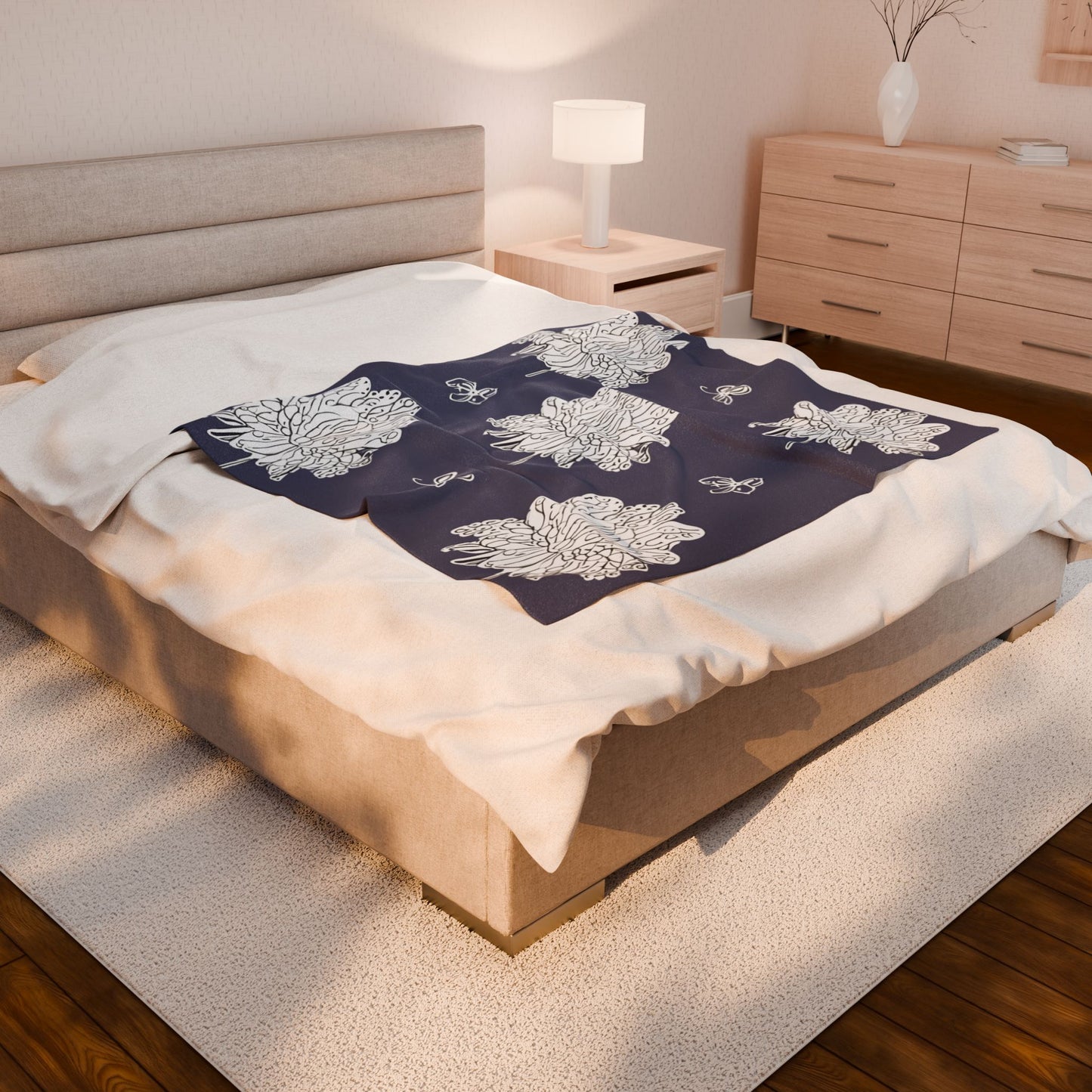 White Floral Butterflies Velveteen Plush Blanket, 50" x 60"