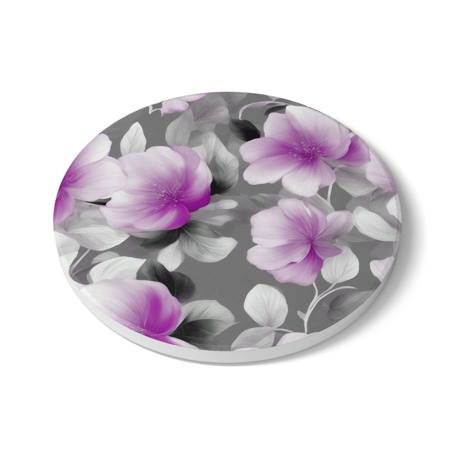 Purple Blossom Floral Bunch Round Ceramic Coaster, 4" x 4"