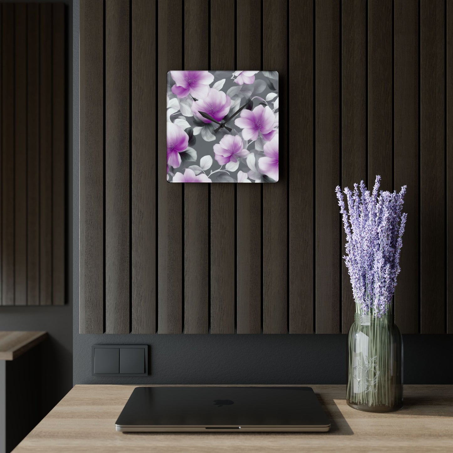 Purple Blossom Floral Bunch Acrylic Wall Clock, Round or Square, 10.75" x 10.75"