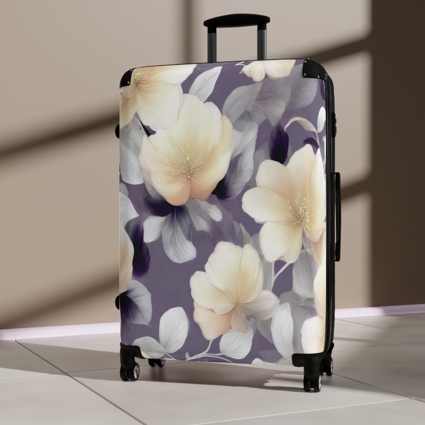 White Blush Floral Bunch Large Suitcase with built in lock, 4 double-wheels, telescopic handle, and ABS back hard-shell