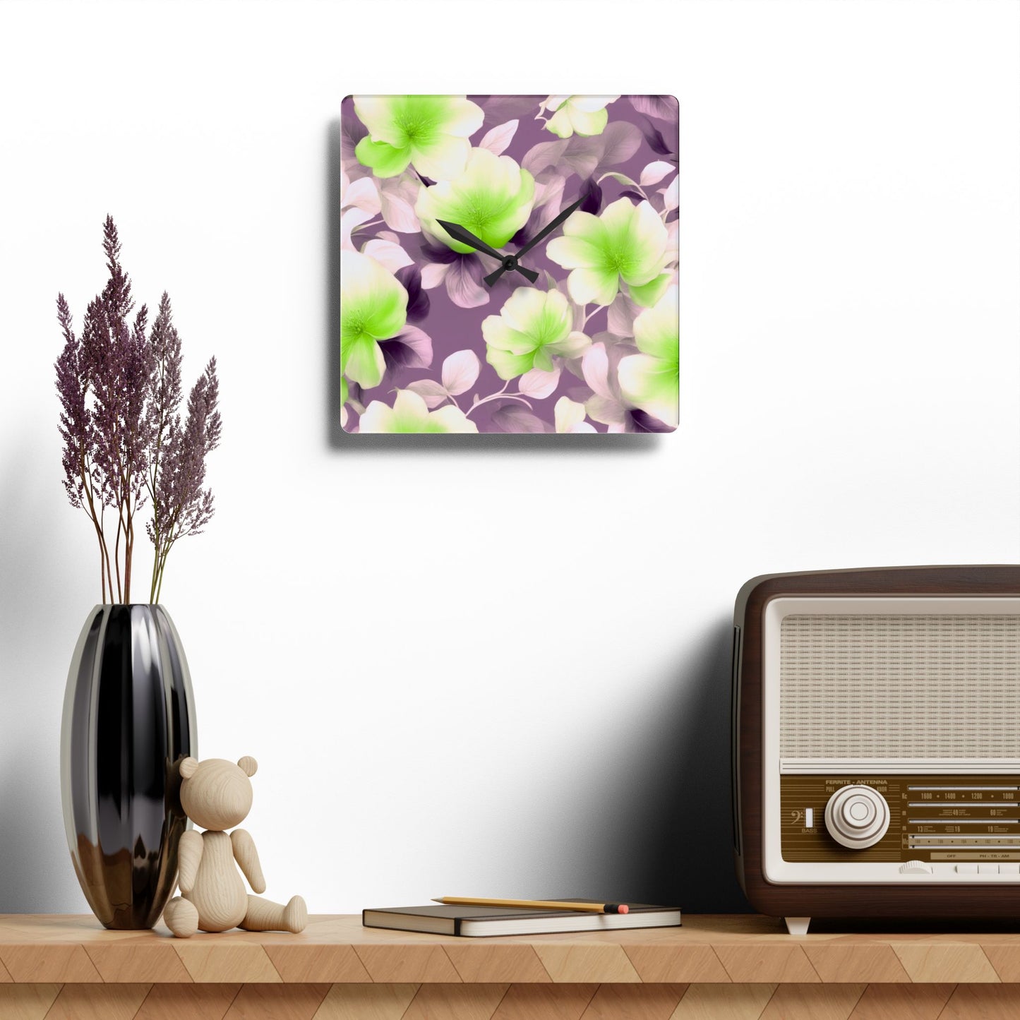 Lime Lavender Floral Bunch Acrylic Wall Clock, Round or Square, 10.75" x 10.75"
