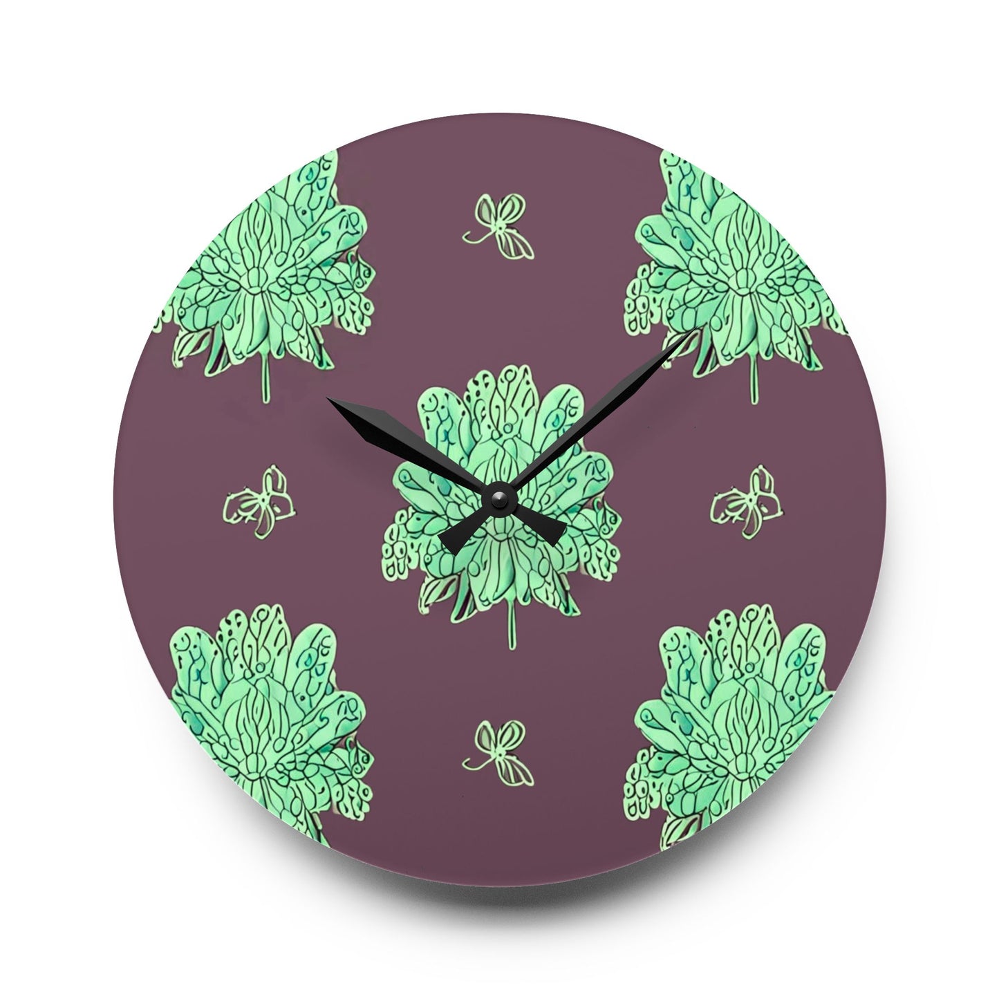Mint Green Floral Butterflies Acrylic Wall Clock, Round or Square, 10.75" x 10.75"
