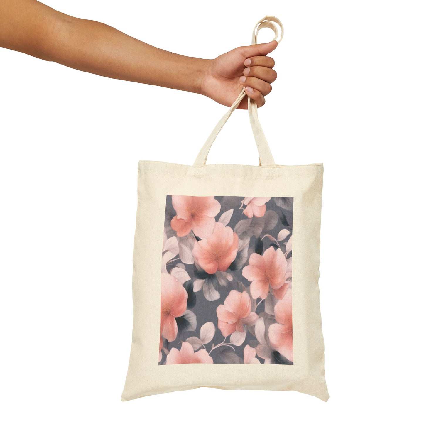 Peach and Blue Gray Floral Bunch Cotton Canvas Tote Bag