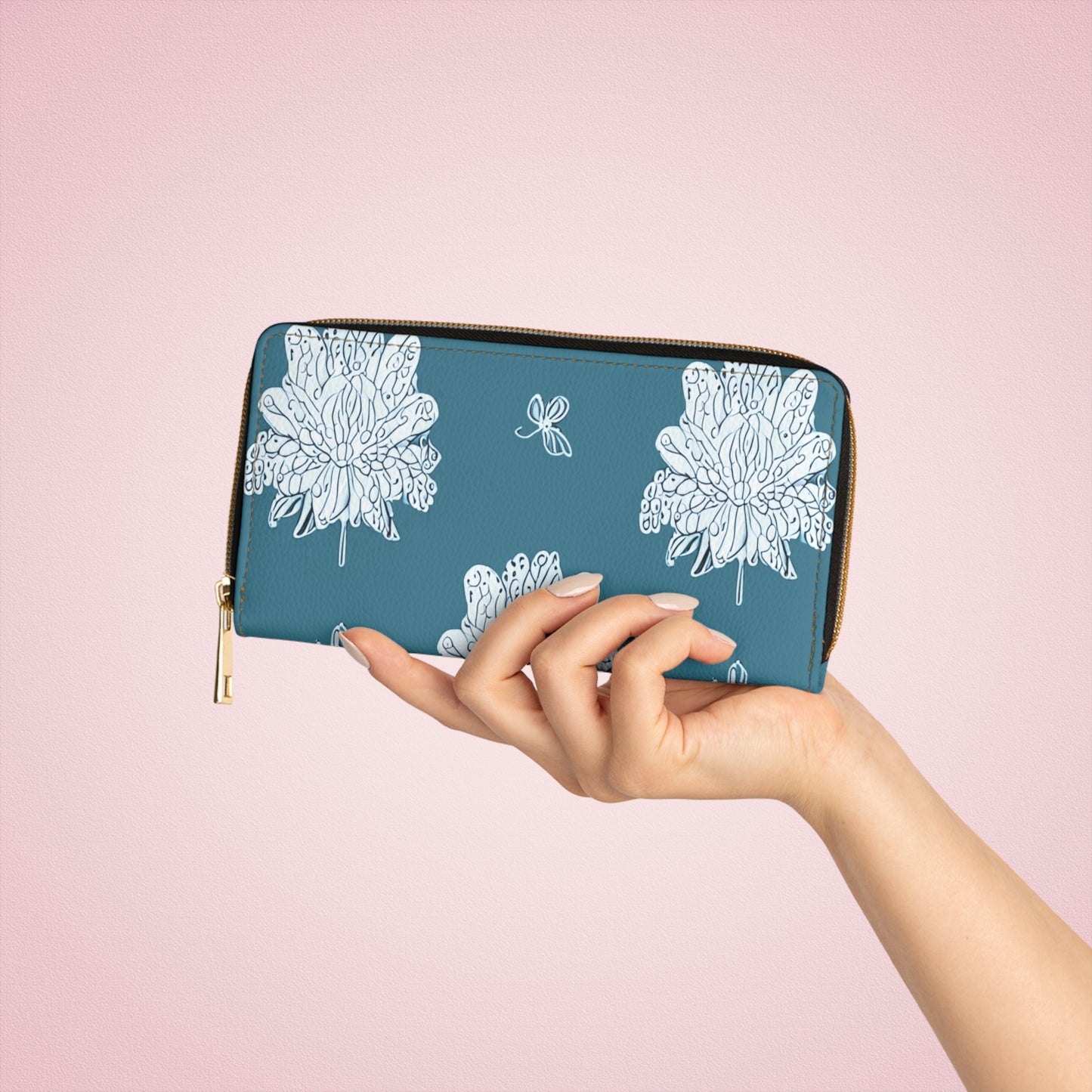 Tif Green White Floral Butterflies Elegant Abstract Zipper Wallet - Stylish & Functional Accessory for Everyday Use