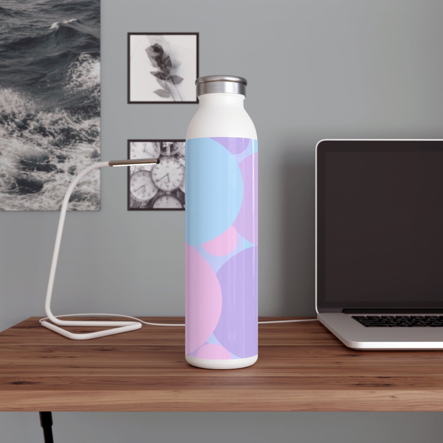Pastel Purple and Mauve Patches Slim Water Bottle, 20 oz White