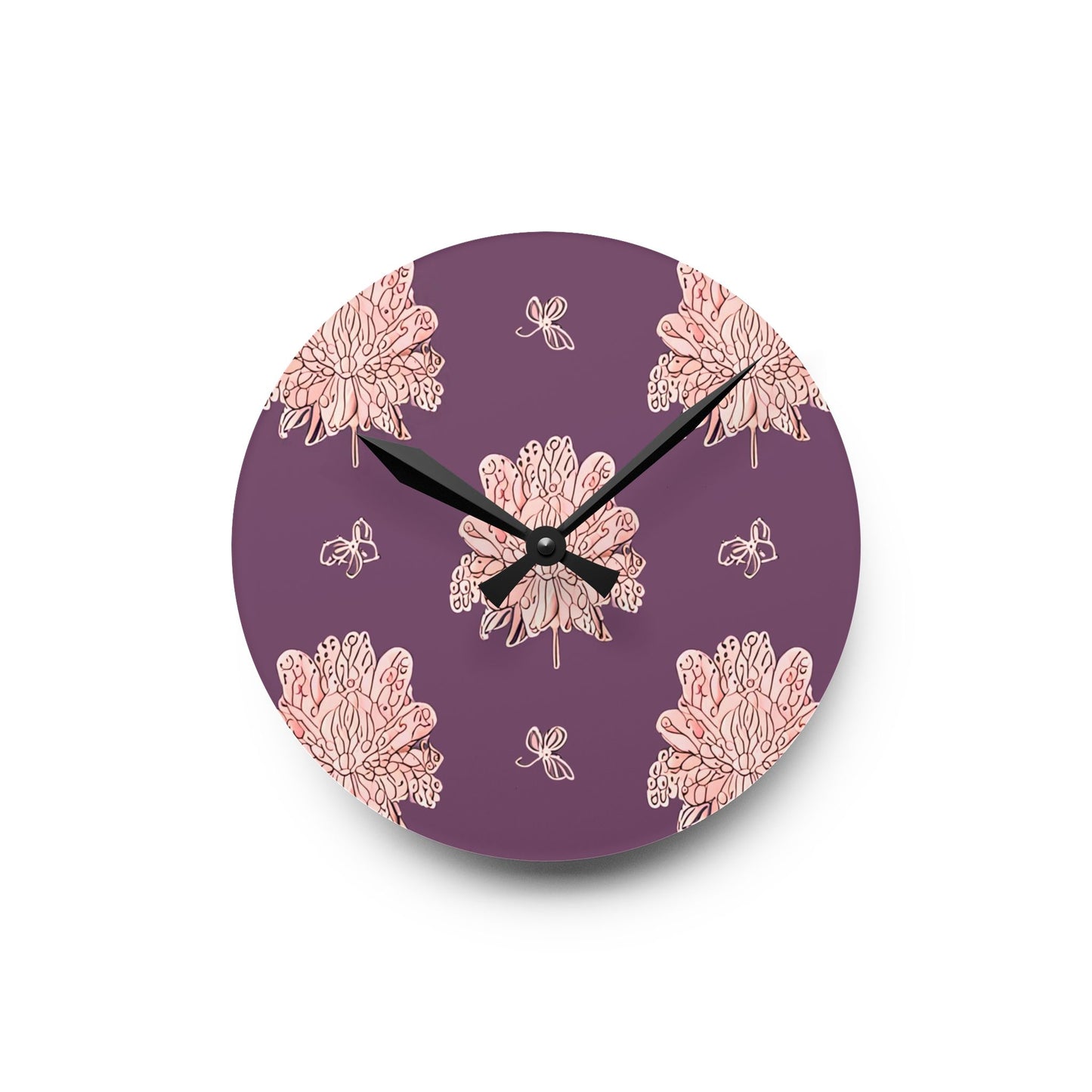 Pink Floral Butterflies Acrylic Round Wall Clock, 8" x 8"