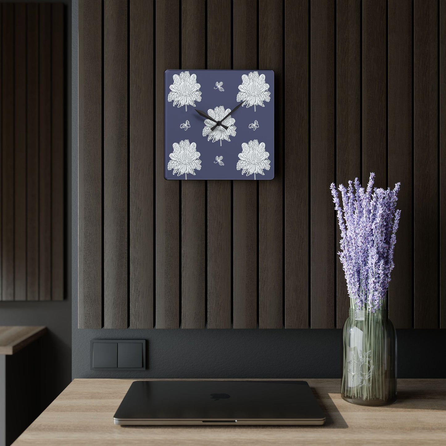 White Floral Butterflies Acrylic Wall Clock, Round or Square, 10.75" x 10.75"
