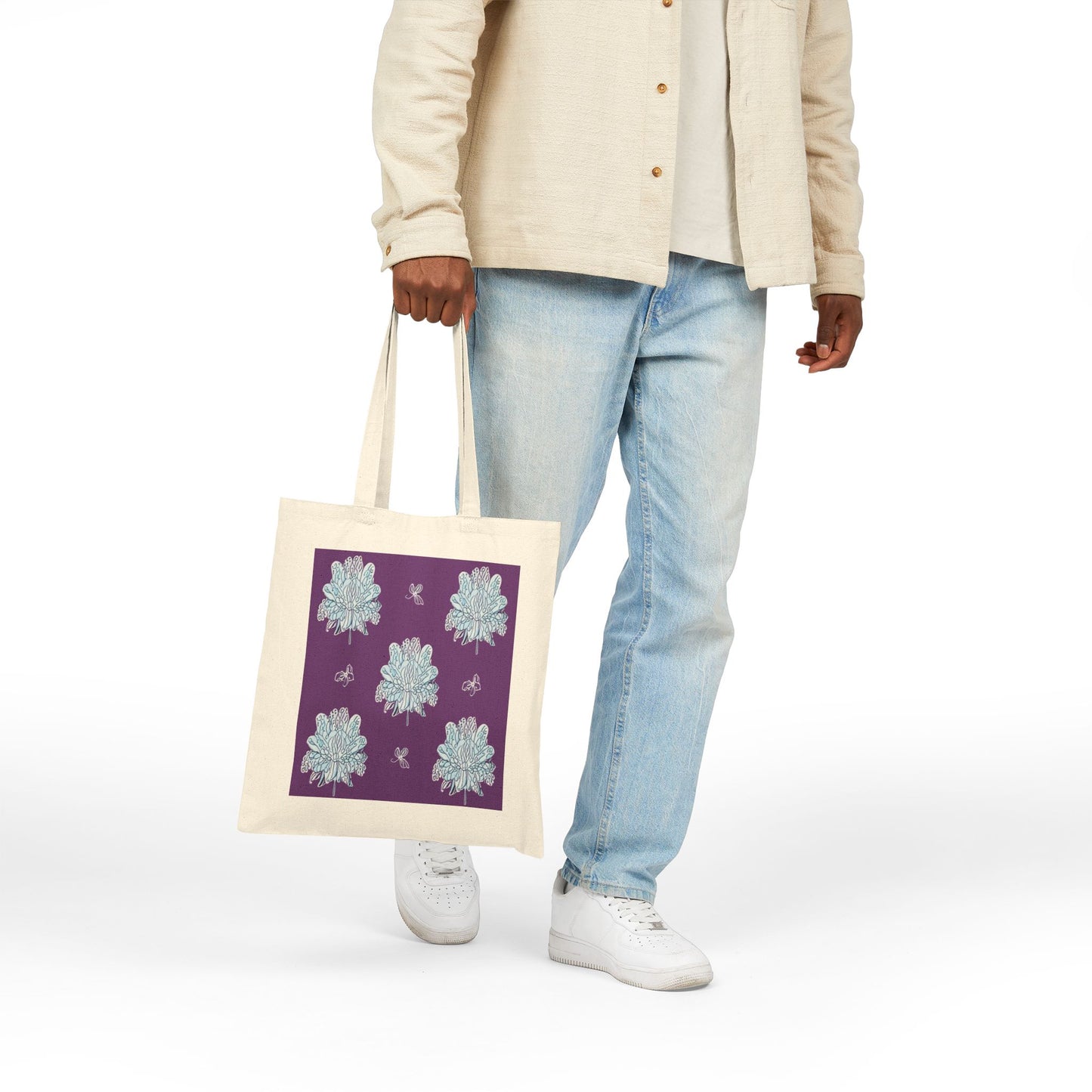 Blue Floral Butterflies Cotton Canvas Tote Bag