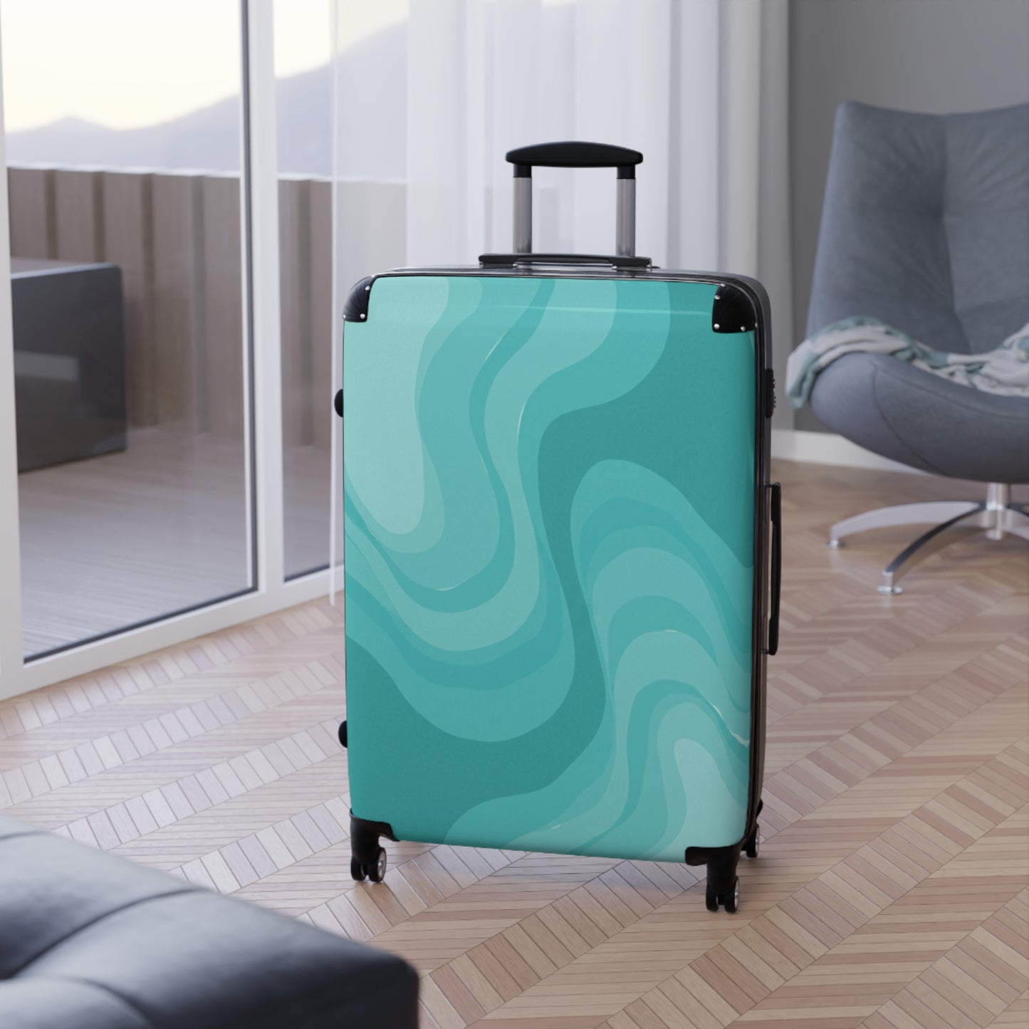Tif Green Wavey Large Suitcase with built in lock, 4 double-wheels, telescopic handle, and ABS back hard-shell