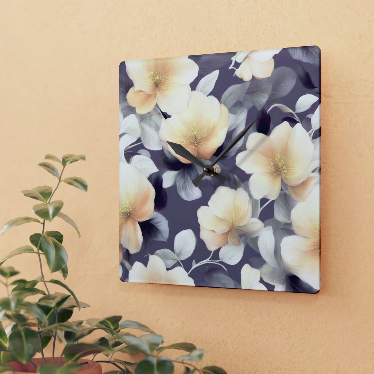 White Blush Floral Bunch Acrylic Wall Clock, Round or Square, 10.75" x 10.75"