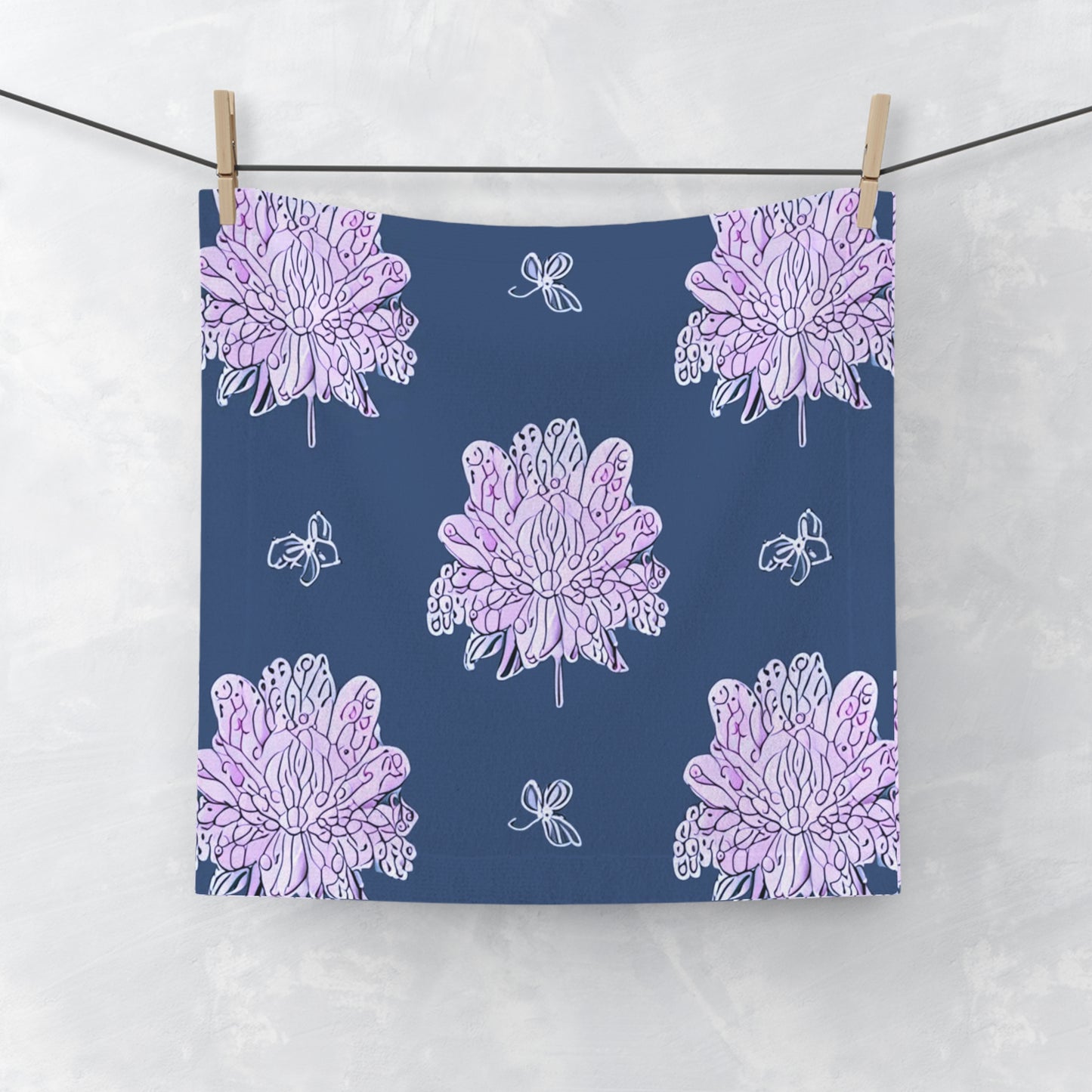 Purple White Floral Butterflies Face Towel, 13" x 13"
