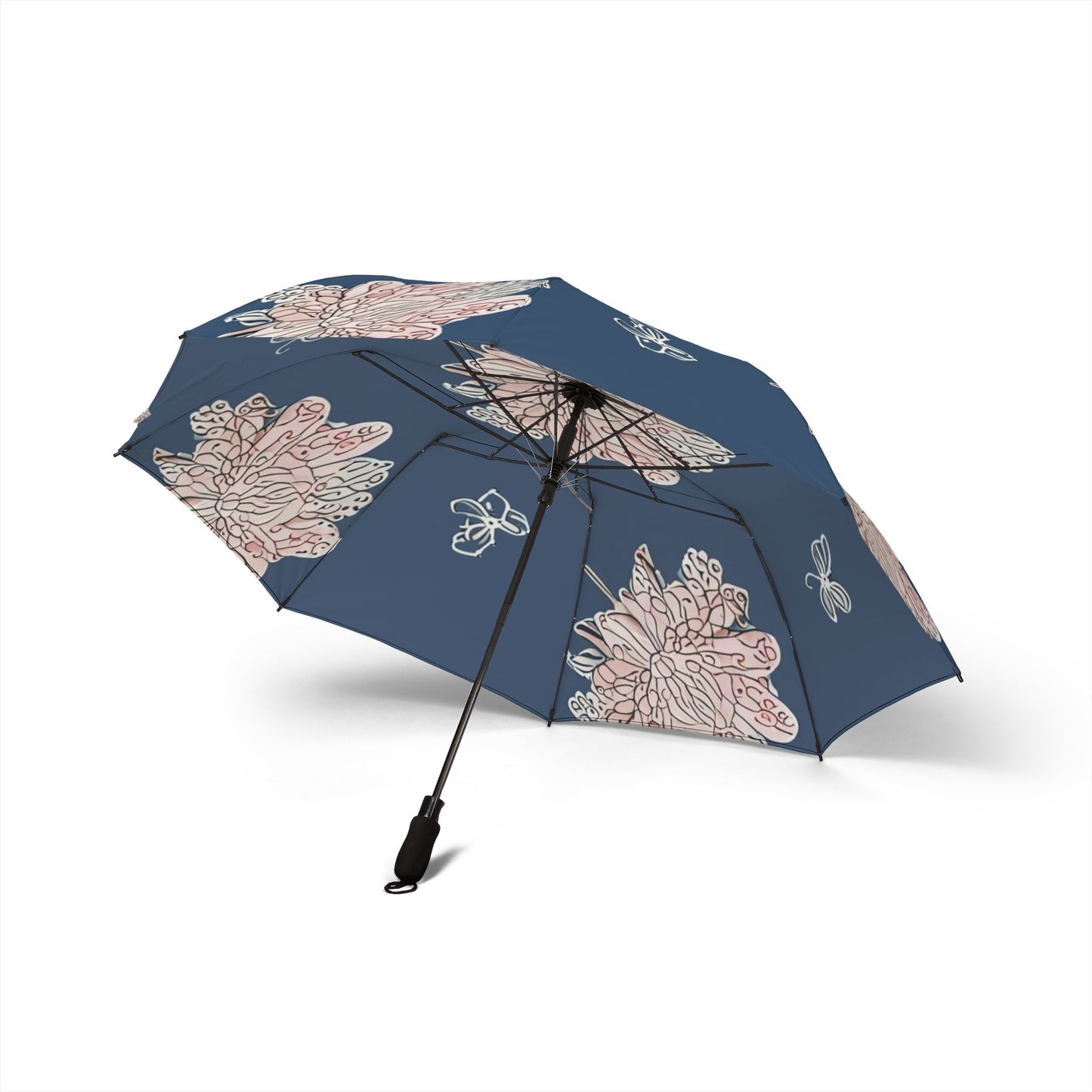 Rose White Floral Butterflies Foldable Umbrella - Compact & Chic