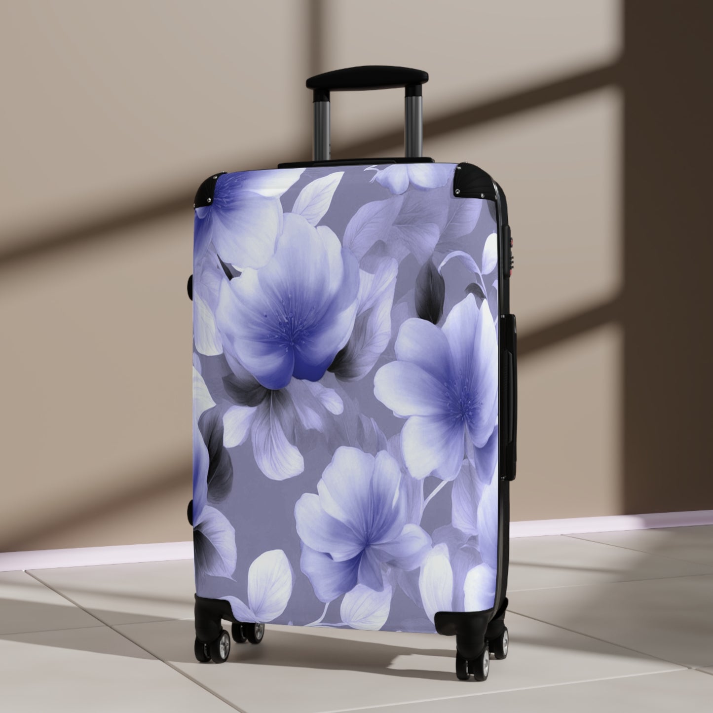 Indigo Blossom Floral Bunch Medium Suitcase with built in lock, 4 double-wheels, telescopic handle, and ABS back hard-shell