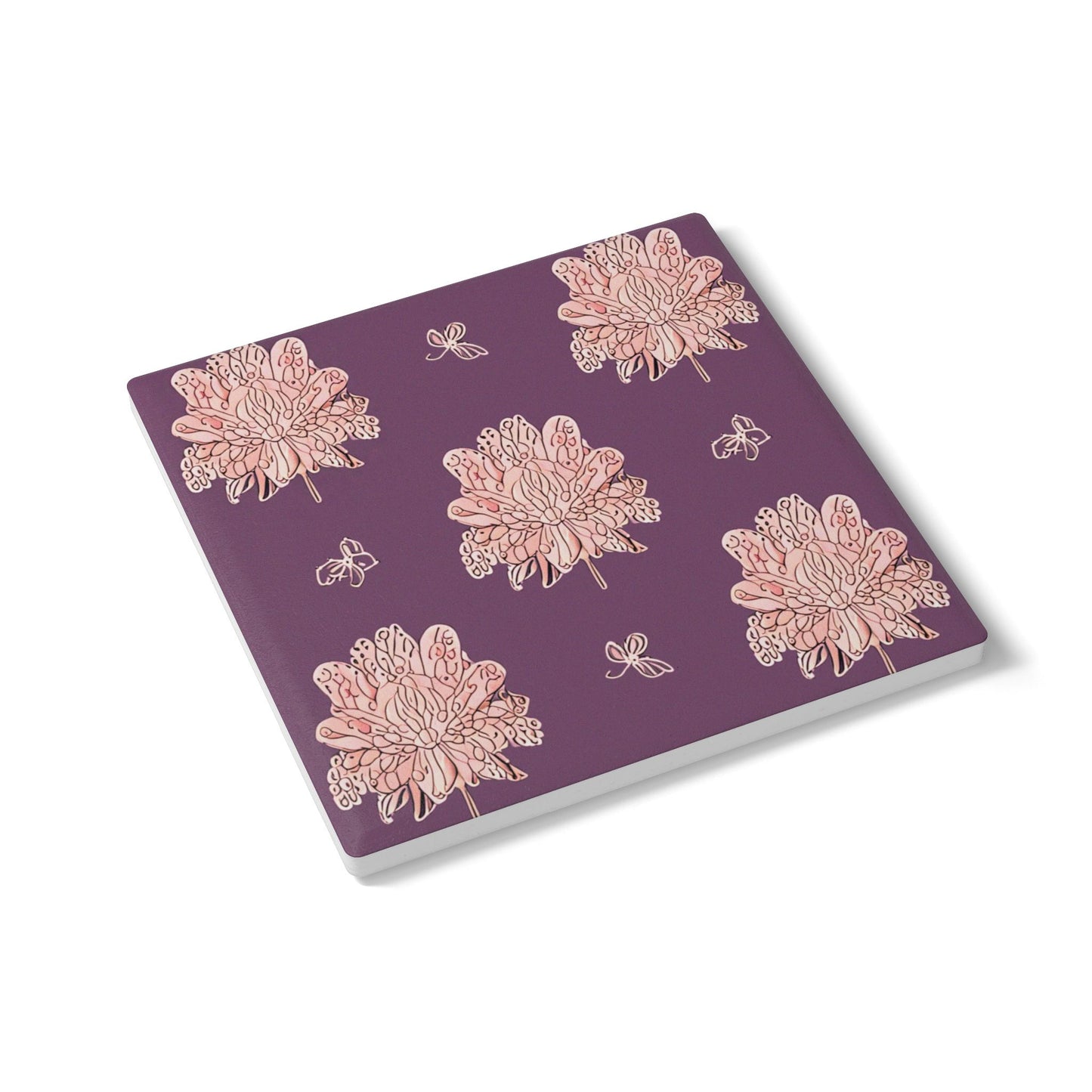 Pink Floral Butterflies 4" x 4" Square Ceramic Coaster