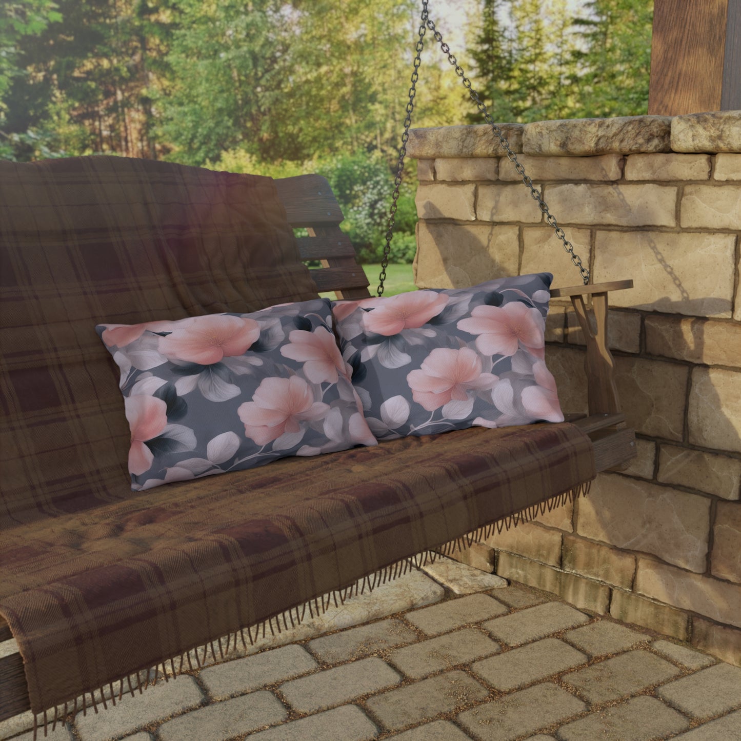 Peach and Blue Gray Floral Bunch Outdoor Pillow, 20" x 14"