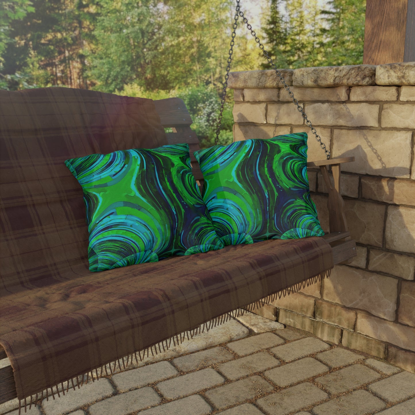 Uzi Spiral Blue Green Outdoor Pillow, 18" x 18"