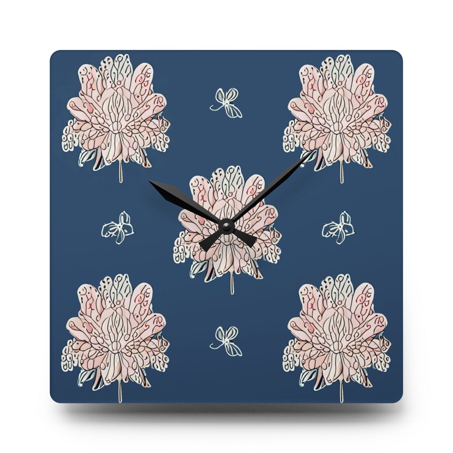 Rose White Floral Butterflies Acrylic Wall Clock, Round or Square, 10.75" x 10.75"