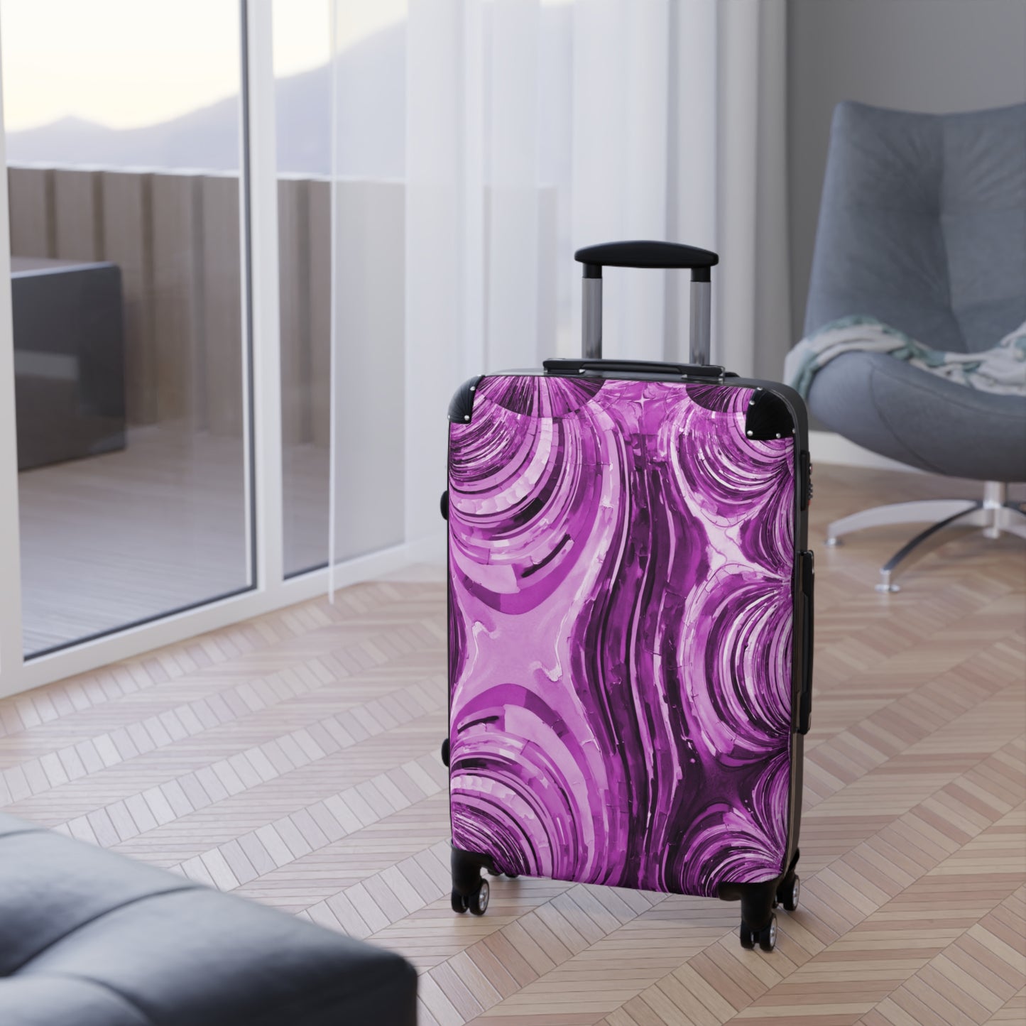 Uzi Spiral Powder Lavender Medium Suitcase with built in lock, 4 double-wheels, telescopic handle, and ABS back hard-shell