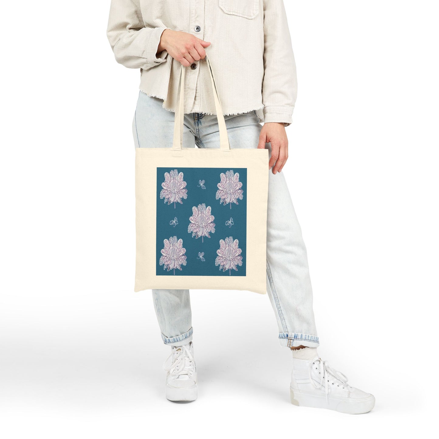 Lavender Floral Butterflies Cotton Canvas Tote Bag