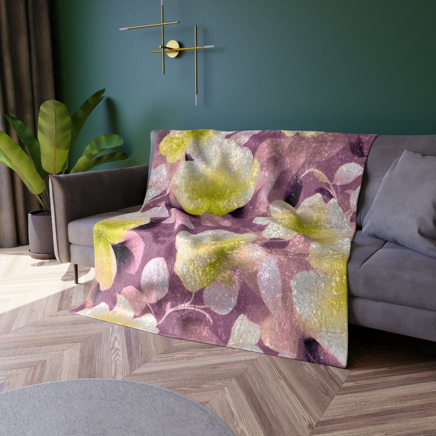 Lemon Blossom Floral Bunch Crushed Velvet Blanket, 50" x 60"