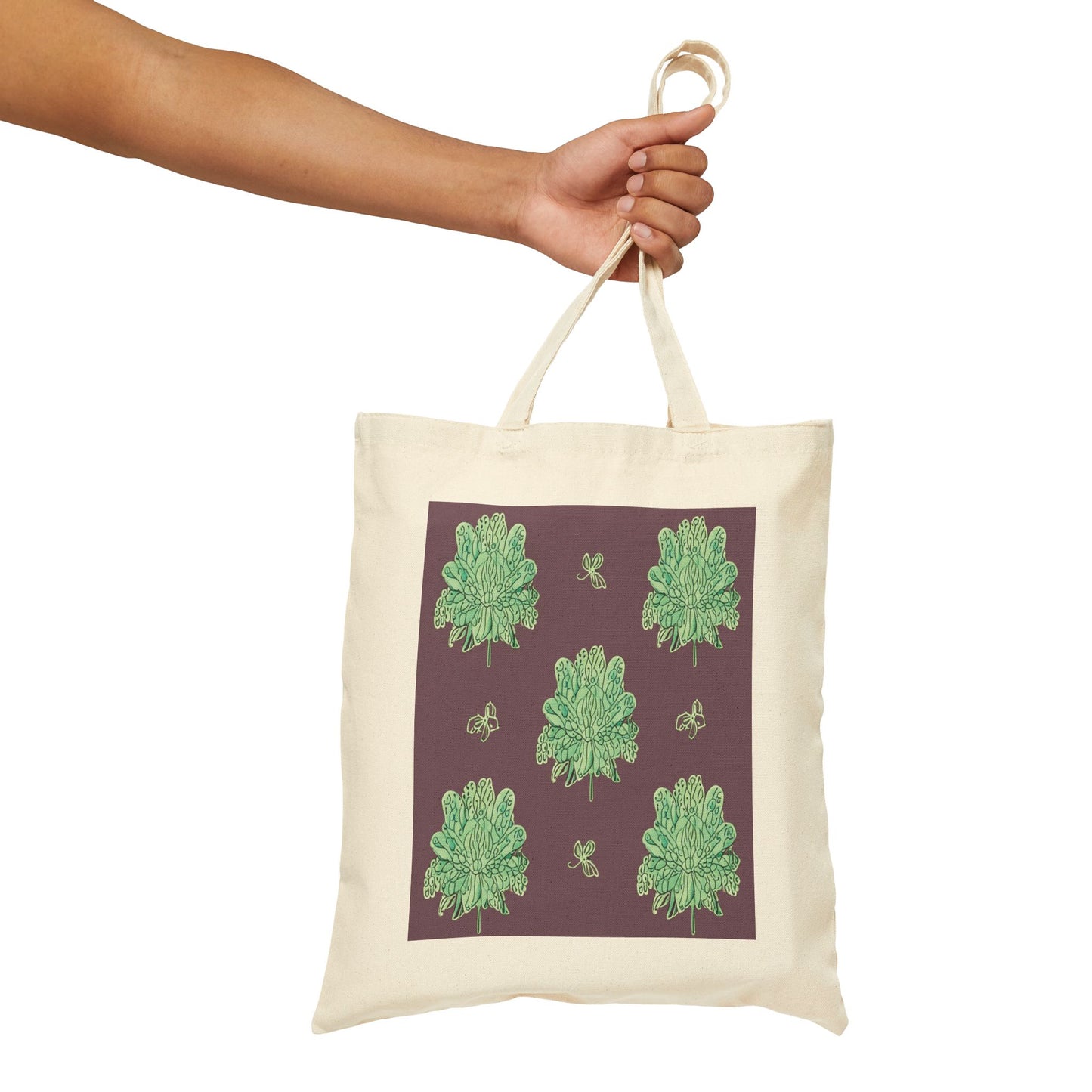 Mint Green Floral Butterflies Cotton Canvas Tote Bag