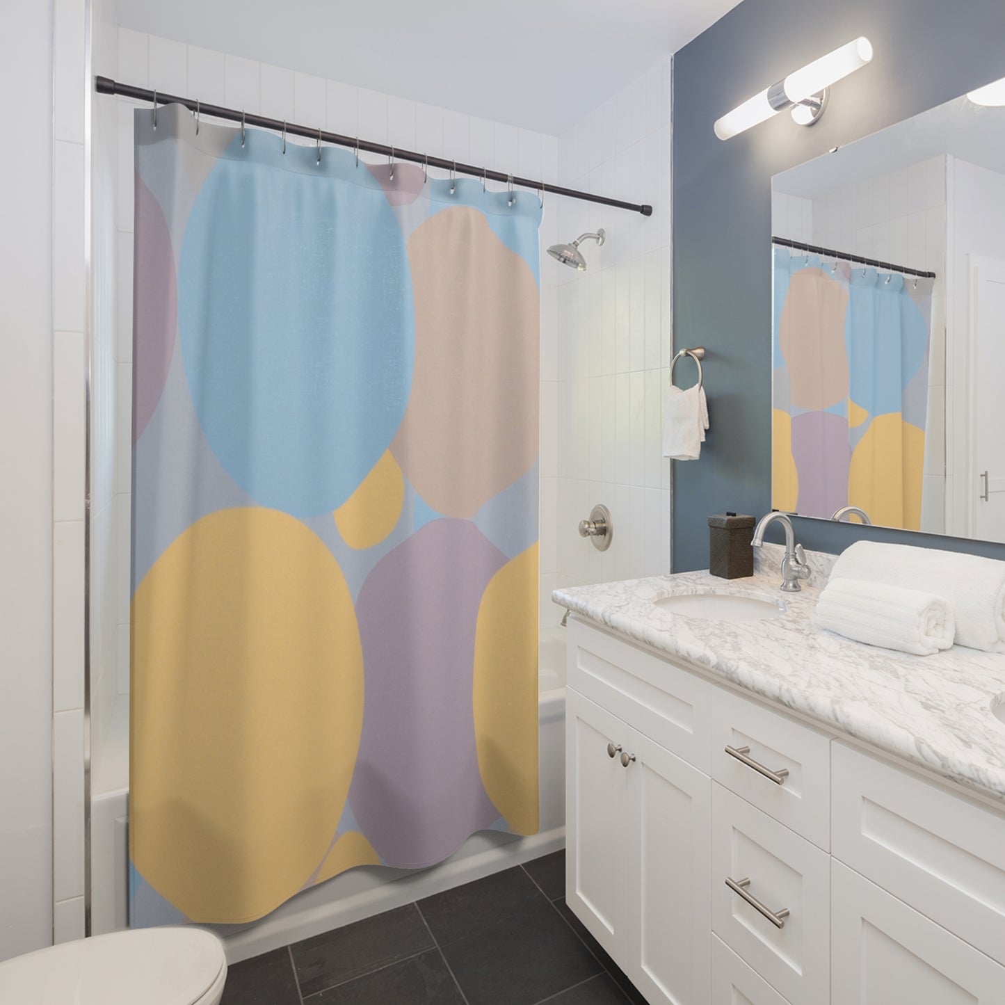 Pastel Baby Blue and Peach Patches Shower Curtains, 71" x 74"