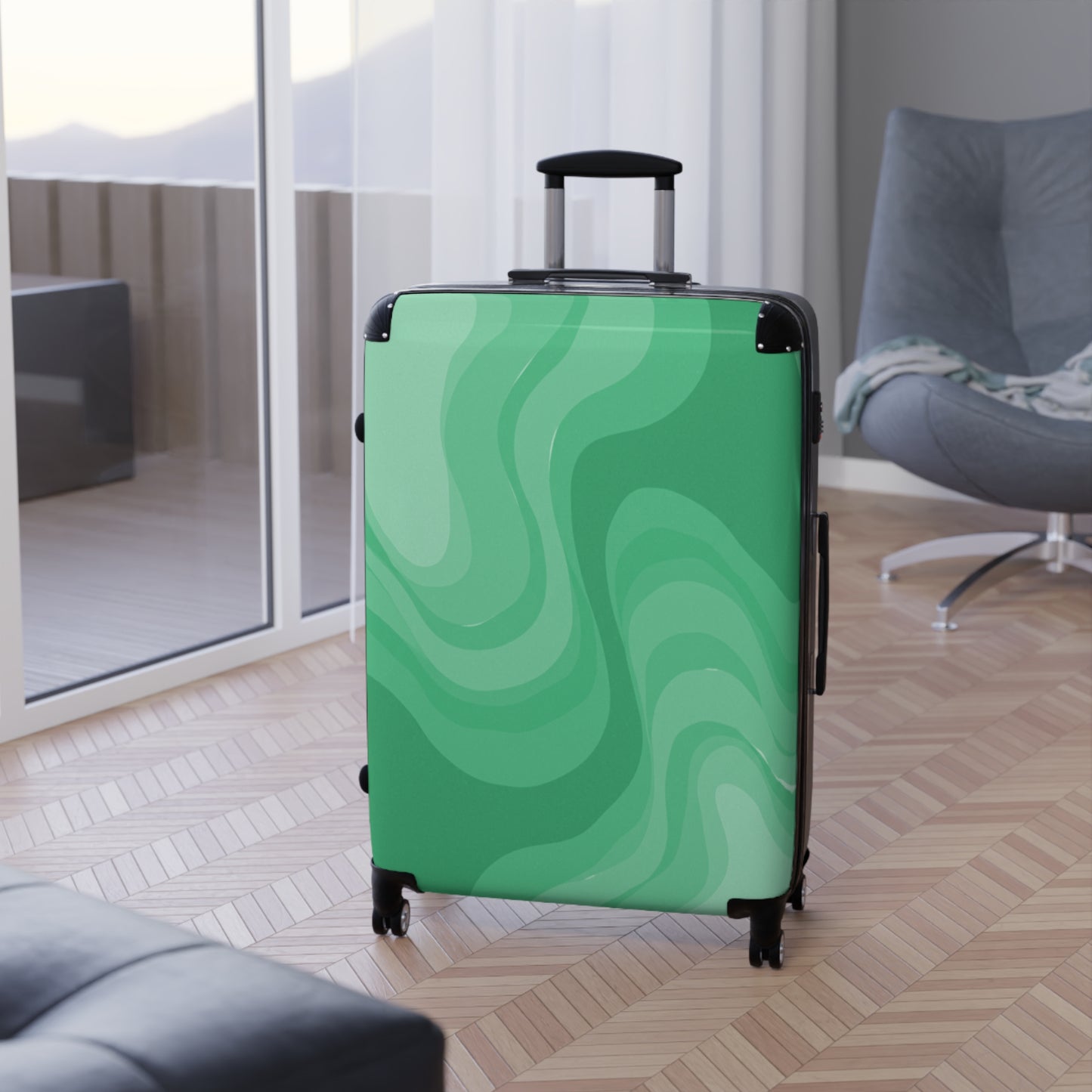 Mint Green Wavey Large Suitcase with built in lock, 4 double-wheels, telescopic handle, and ABS back hard-shell