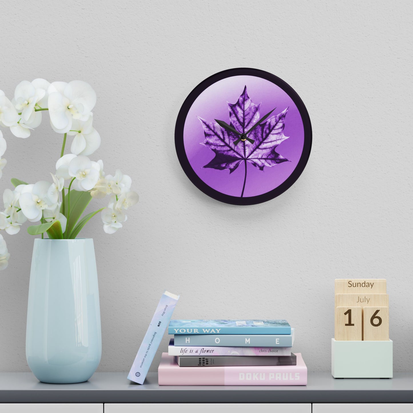 Purple Maple Leaf Acrylic Wall Clock, Round or Square, 10.75" x 10.75"