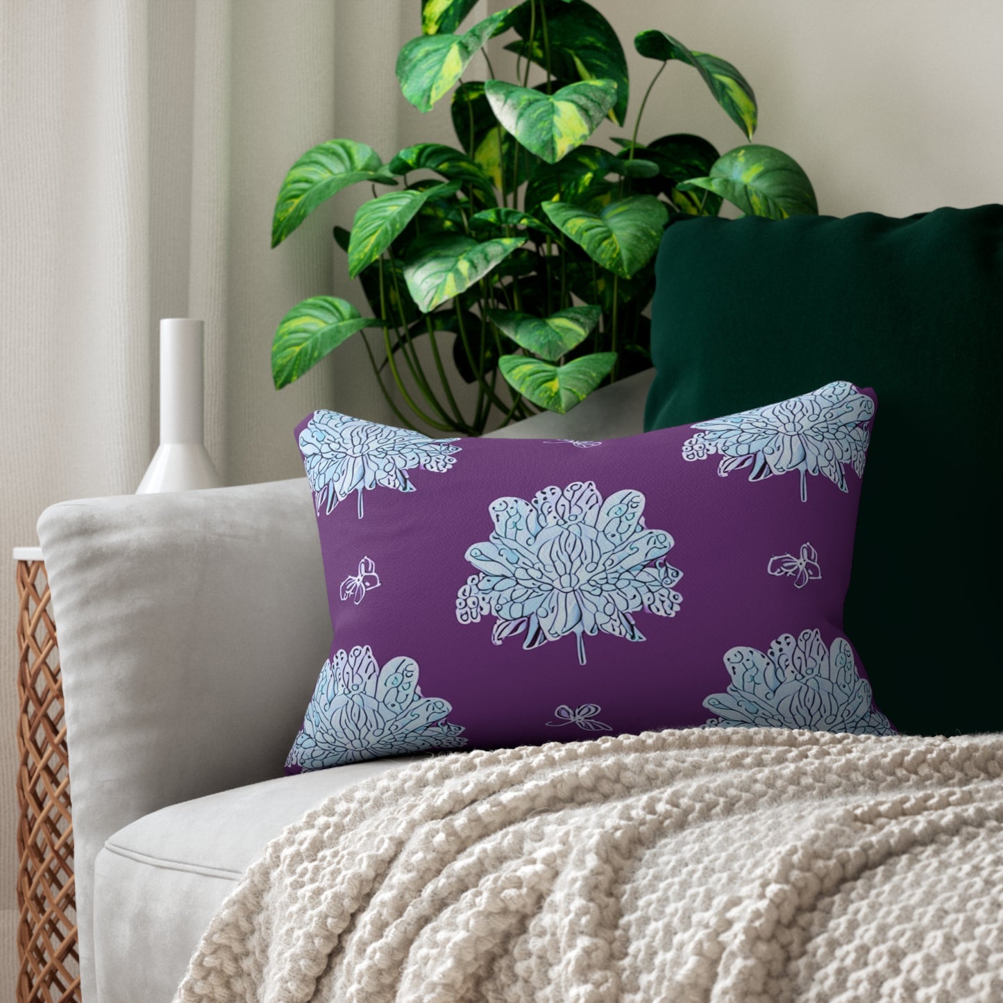 Blue Floral Butterflies Spun Polyester Lumbar Pillow, 20" x 14"