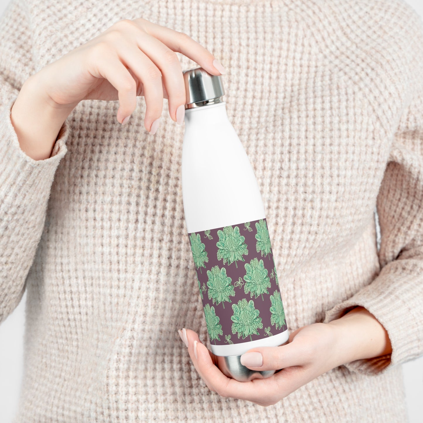 Mint Green Floral Butterflies 20oz Insulated Water Bottle