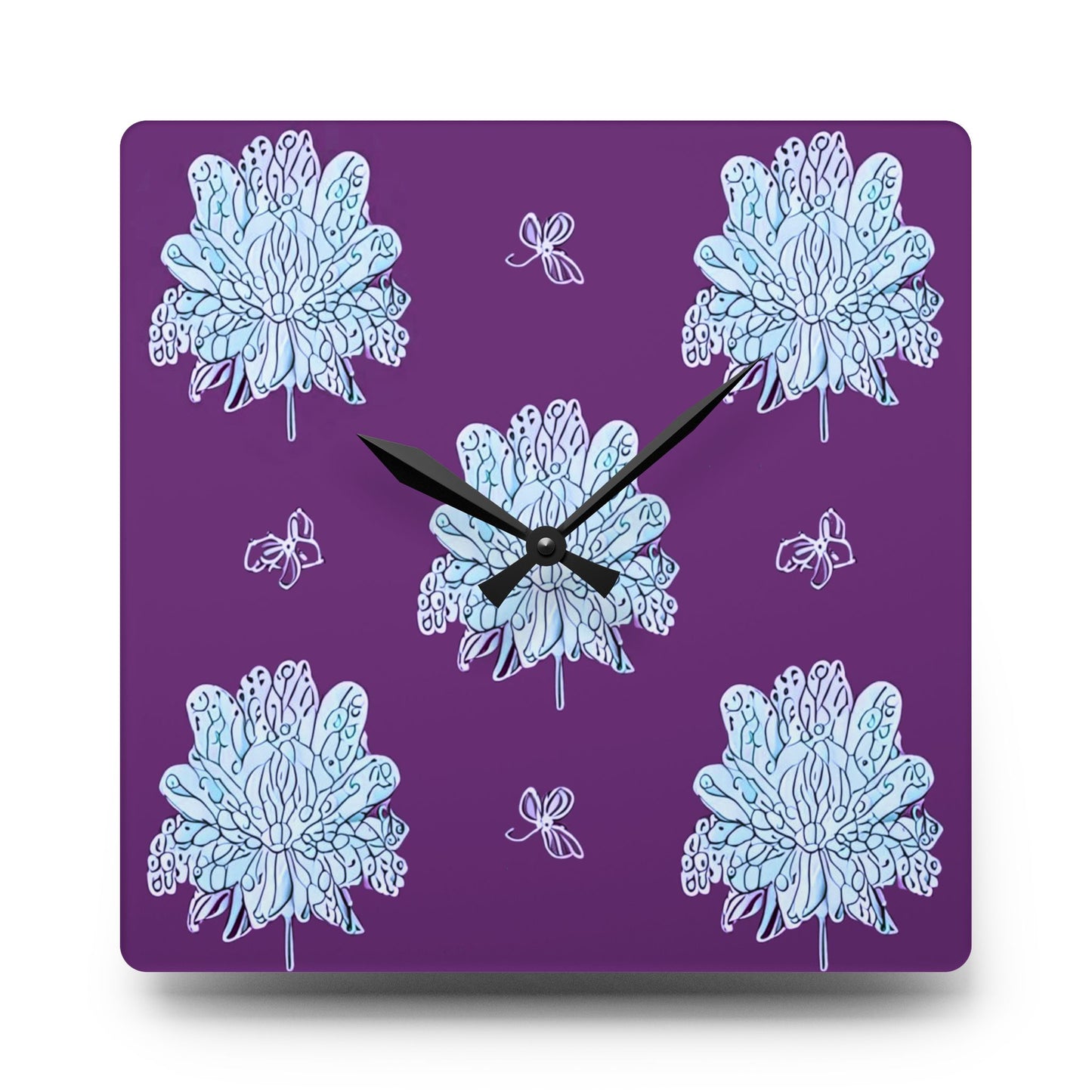 Blue Floral Butterflies Acrylic Wall Clock, Round or Square, 10.75" x 10.75"